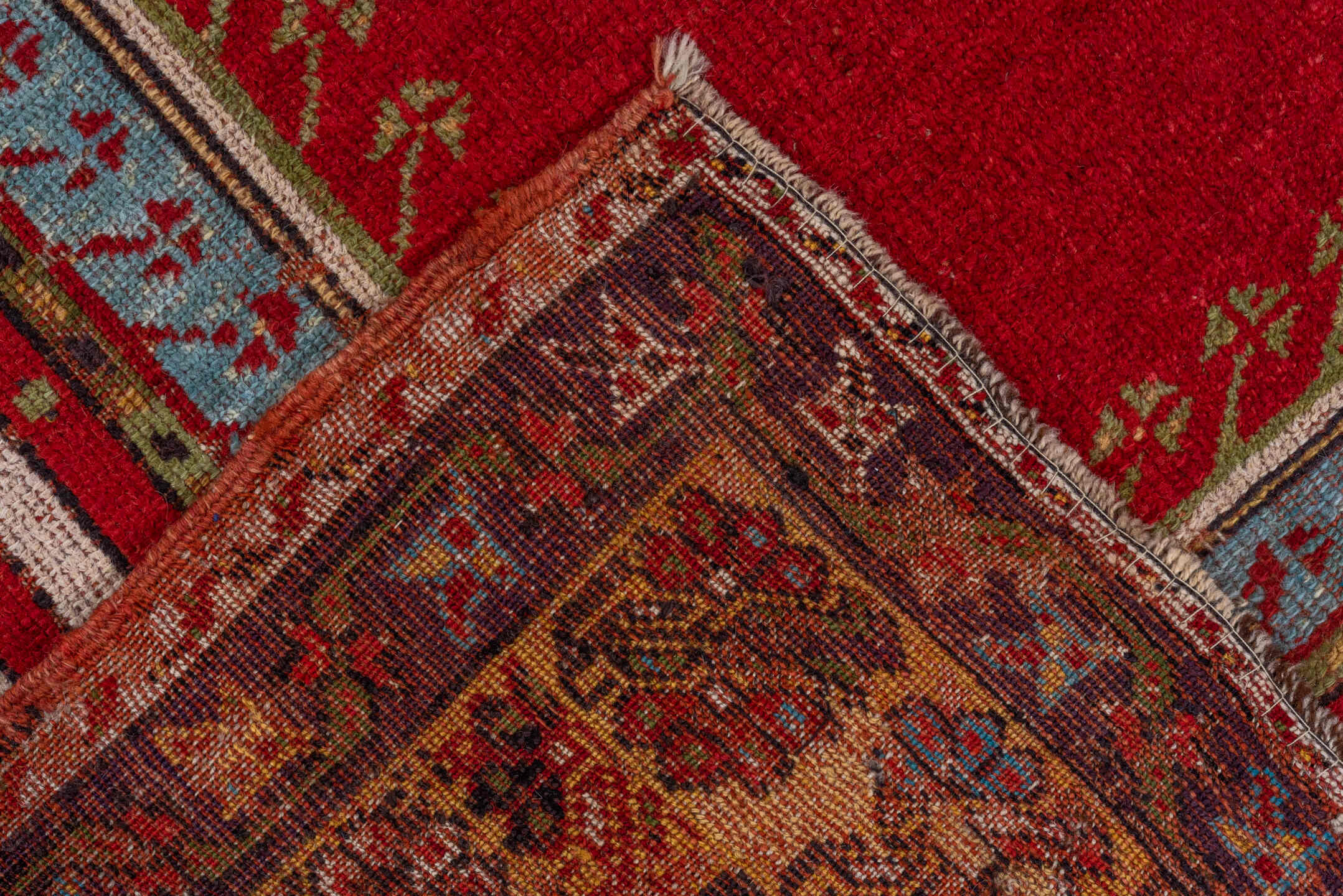 9' x 12' one-of-a-kind handmade vintage Oushak large size rug. Color palette: crimson, sky blue, ivory, camel, charcoal