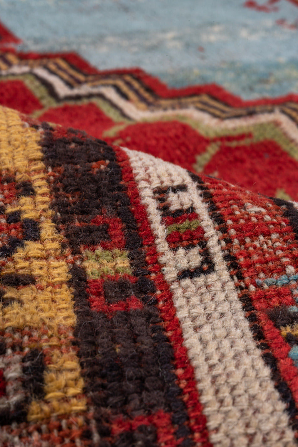 9' x 12' one-of-a-kind handmade vintage Oushak large size rug. Color palette: crimson, sky blue, ivory, camel, charcoal