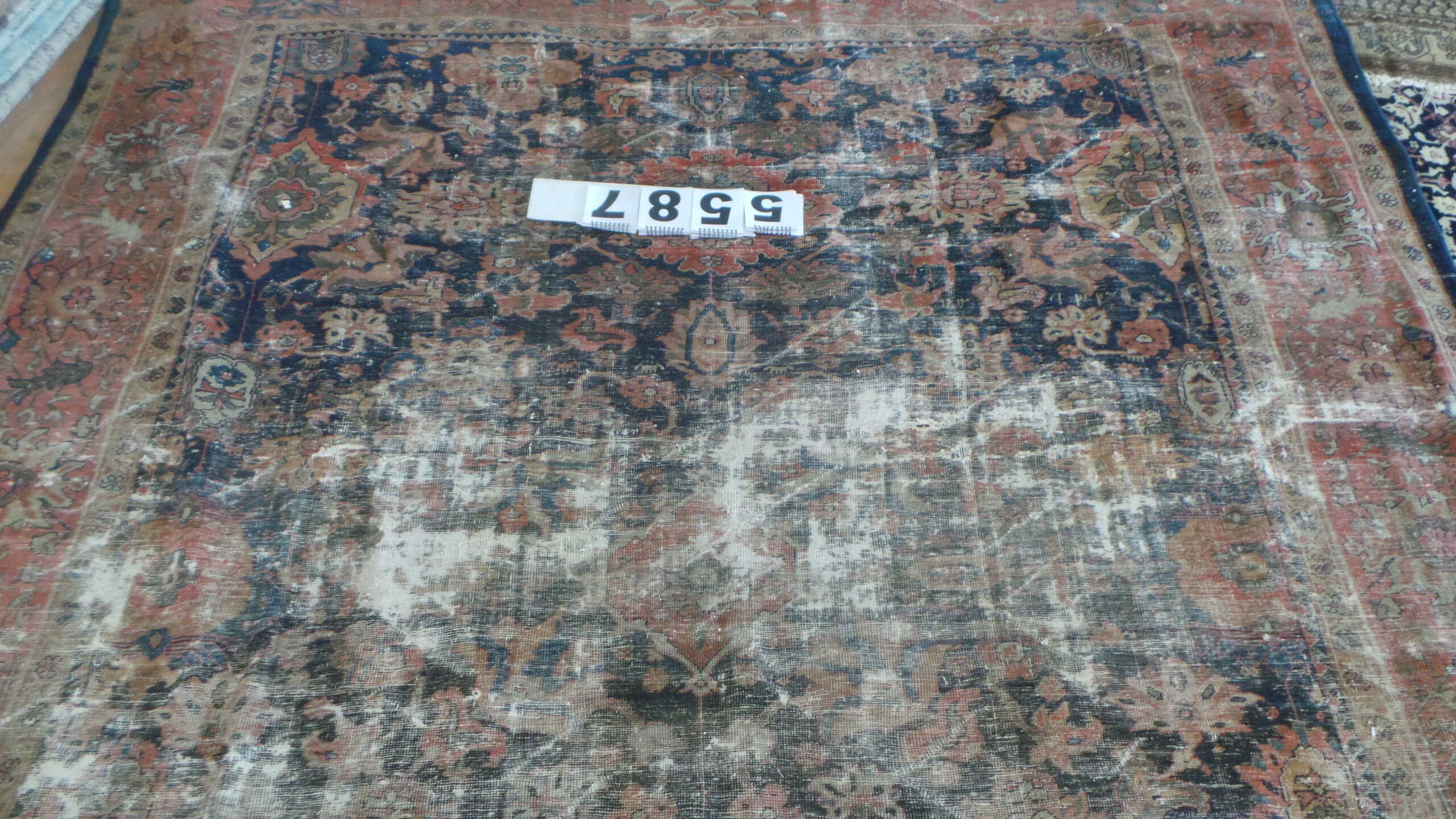 12' x 15' one-of-a-kind handmade vintage Kilim oversize rug. Color palette: ivory, blue gray, taupe, charcoal, terracotta