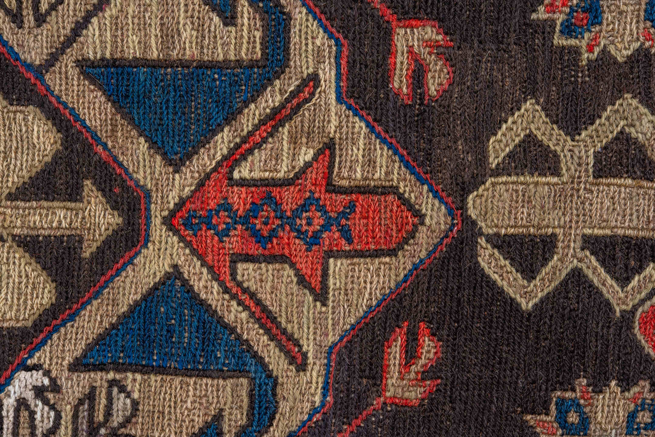 13' x 16' one-of-a-kind handmade vintage Afghan oversize rug. Color palette: dark brown, ivory, rust, blue, camel