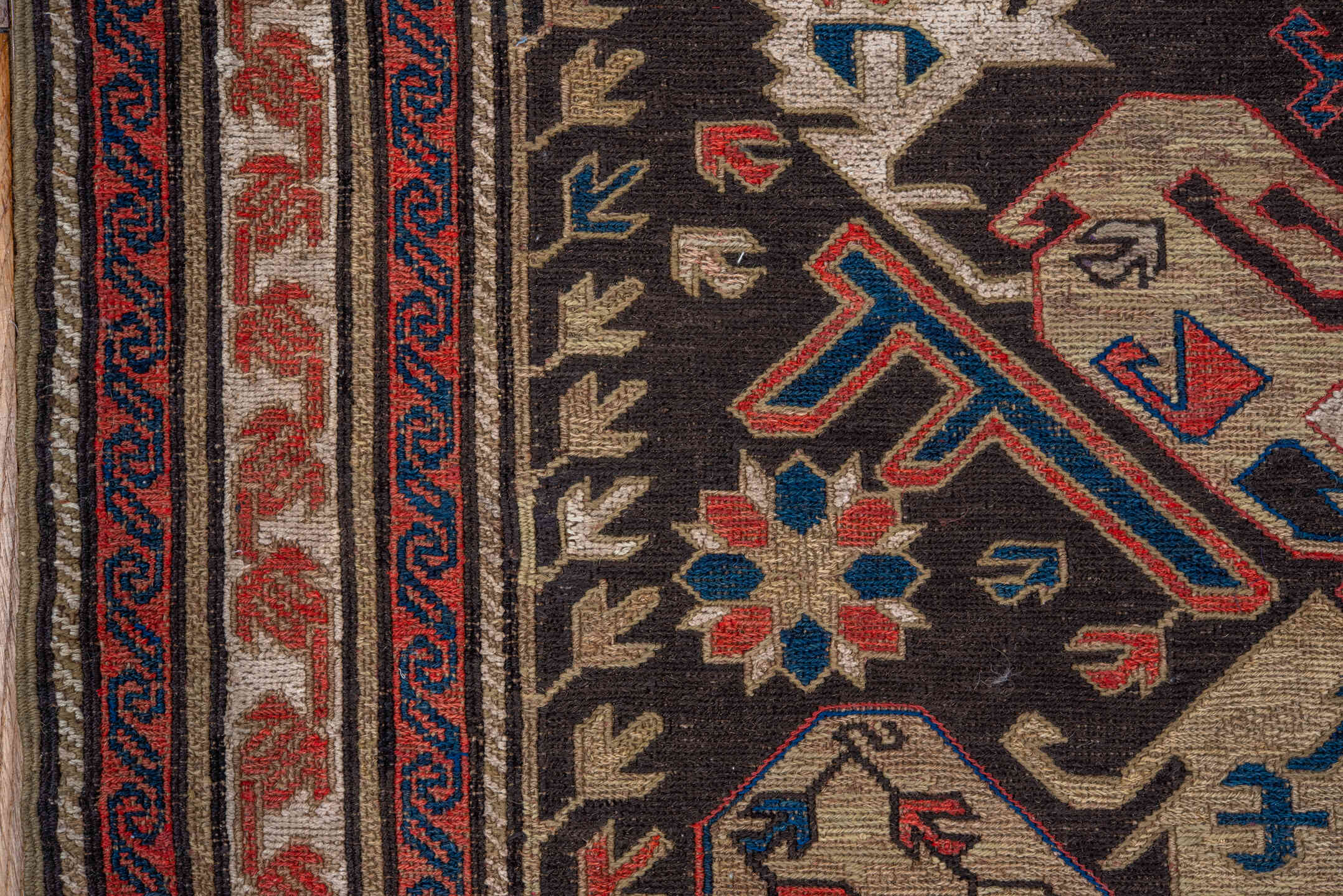 13' x 16' one-of-a-kind handmade vintage Afghan oversize rug. Color palette: dark brown, ivory, rust, blue, camel