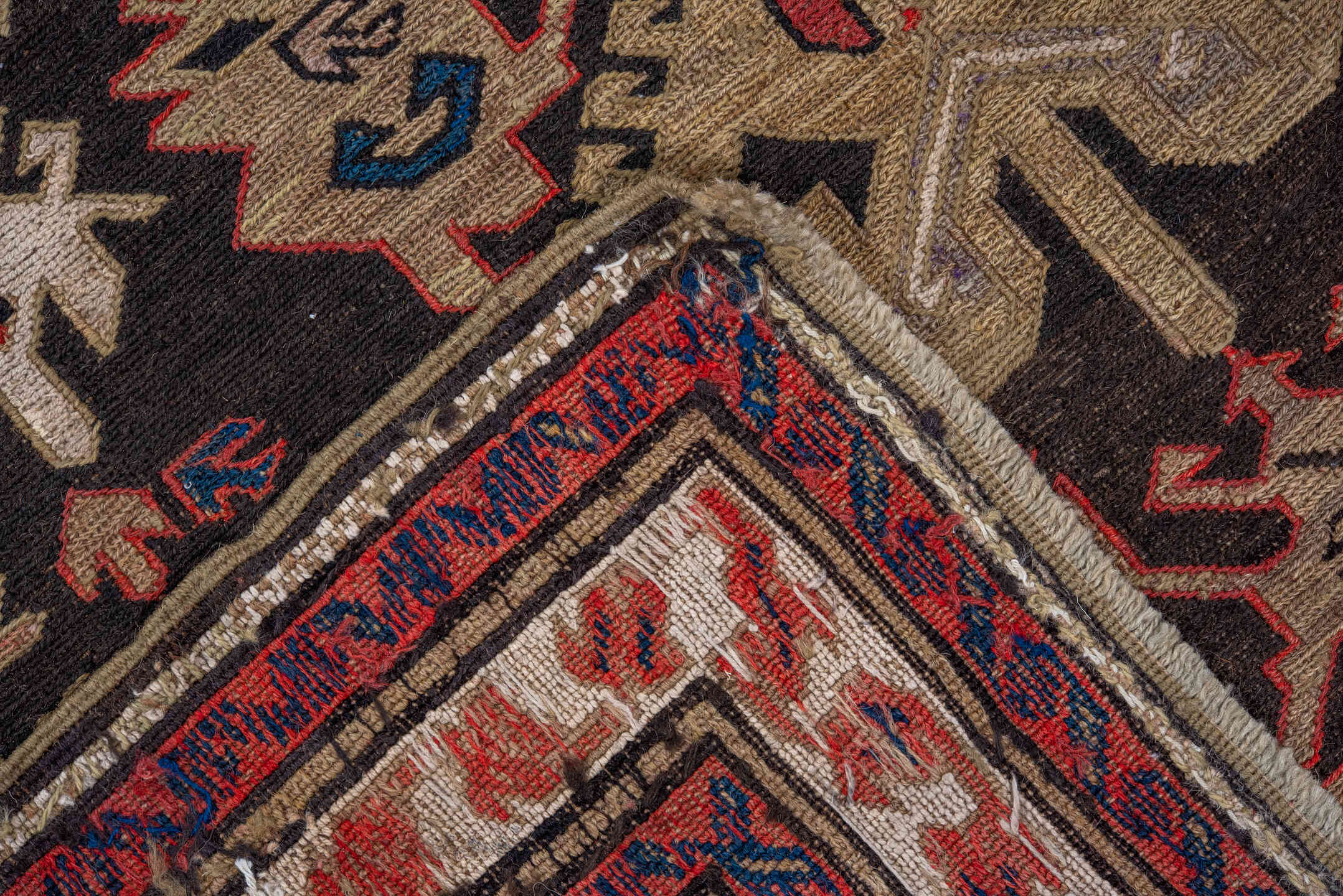 13' x 16' one-of-a-kind handmade vintage Afghan oversize rug. Color palette: dark brown, ivory, rust, blue, camel