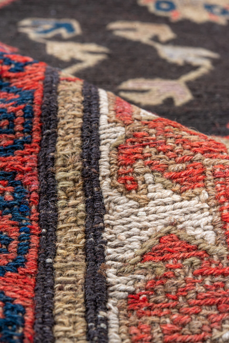 13' x 16' one-of-a-kind handmade vintage Afghan oversize rug. Color palette: dark brown, ivory, rust, blue, camel