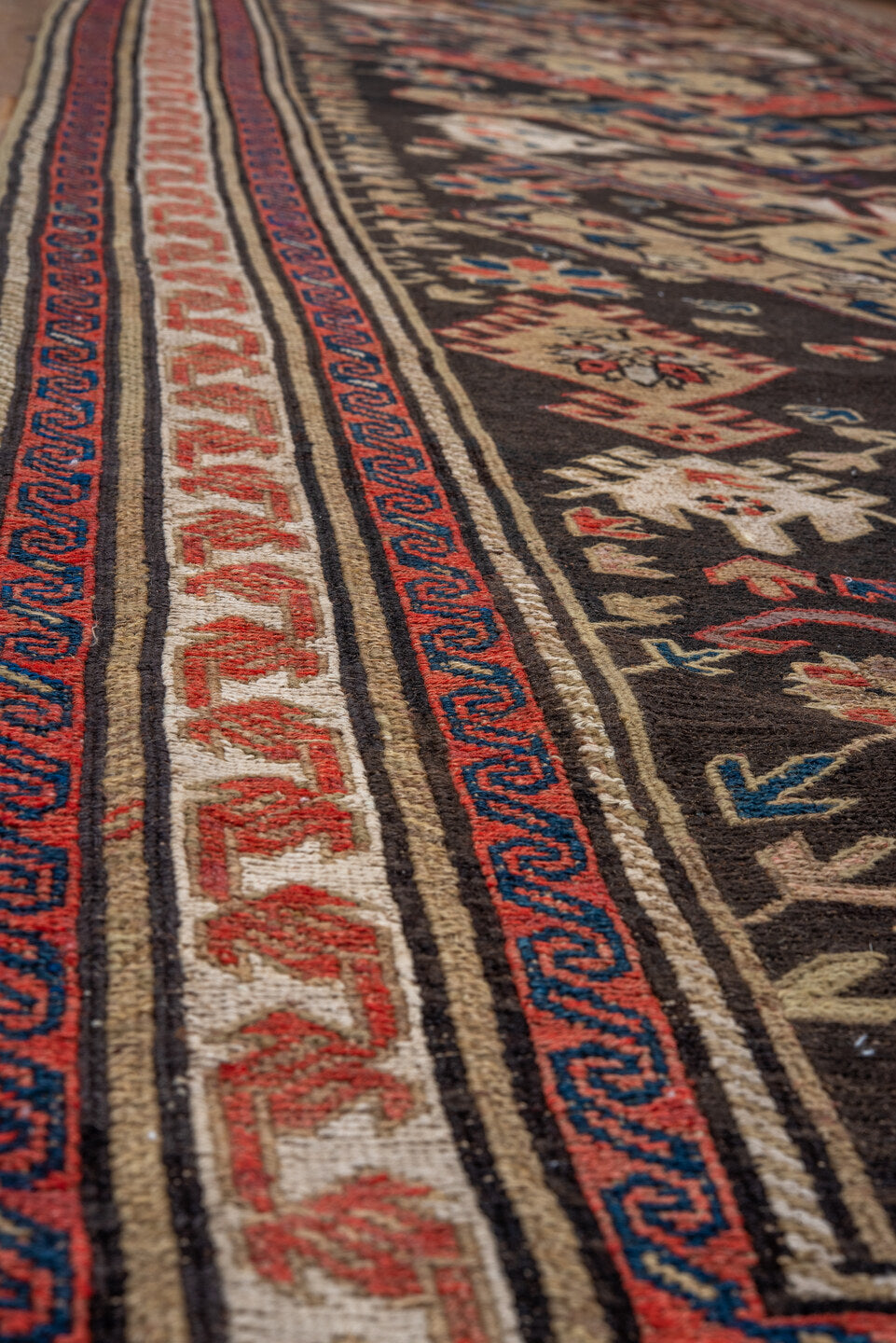 13' x 16' one-of-a-kind handmade vintage Afghan oversize rug. Color palette: dark brown, ivory, rust, blue, camel