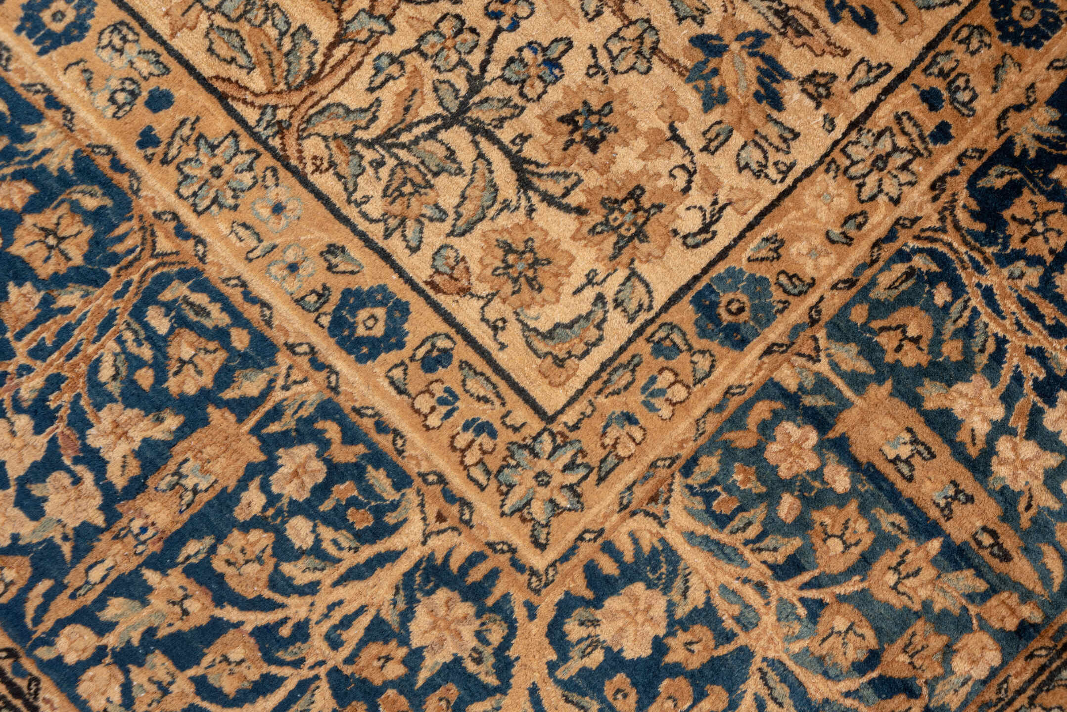 13' x 16' one-of-a-kind handmade vintage Afghan oversize rug. Color palette: ivory, slate blue, camel, taupe, navy, beige