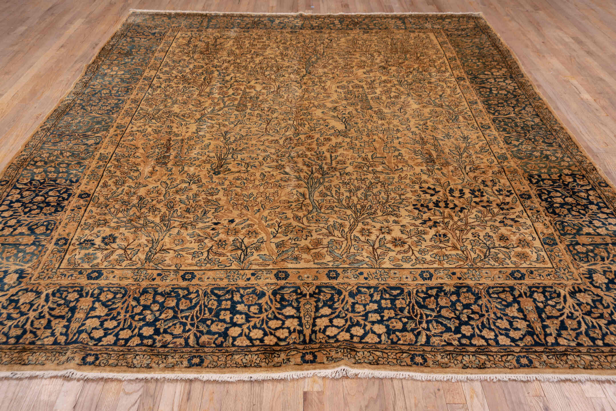 13' x 16' one-of-a-kind handmade vintage Afghan oversize rug. Color palette: ivory, slate blue, camel, taupe, navy, beige