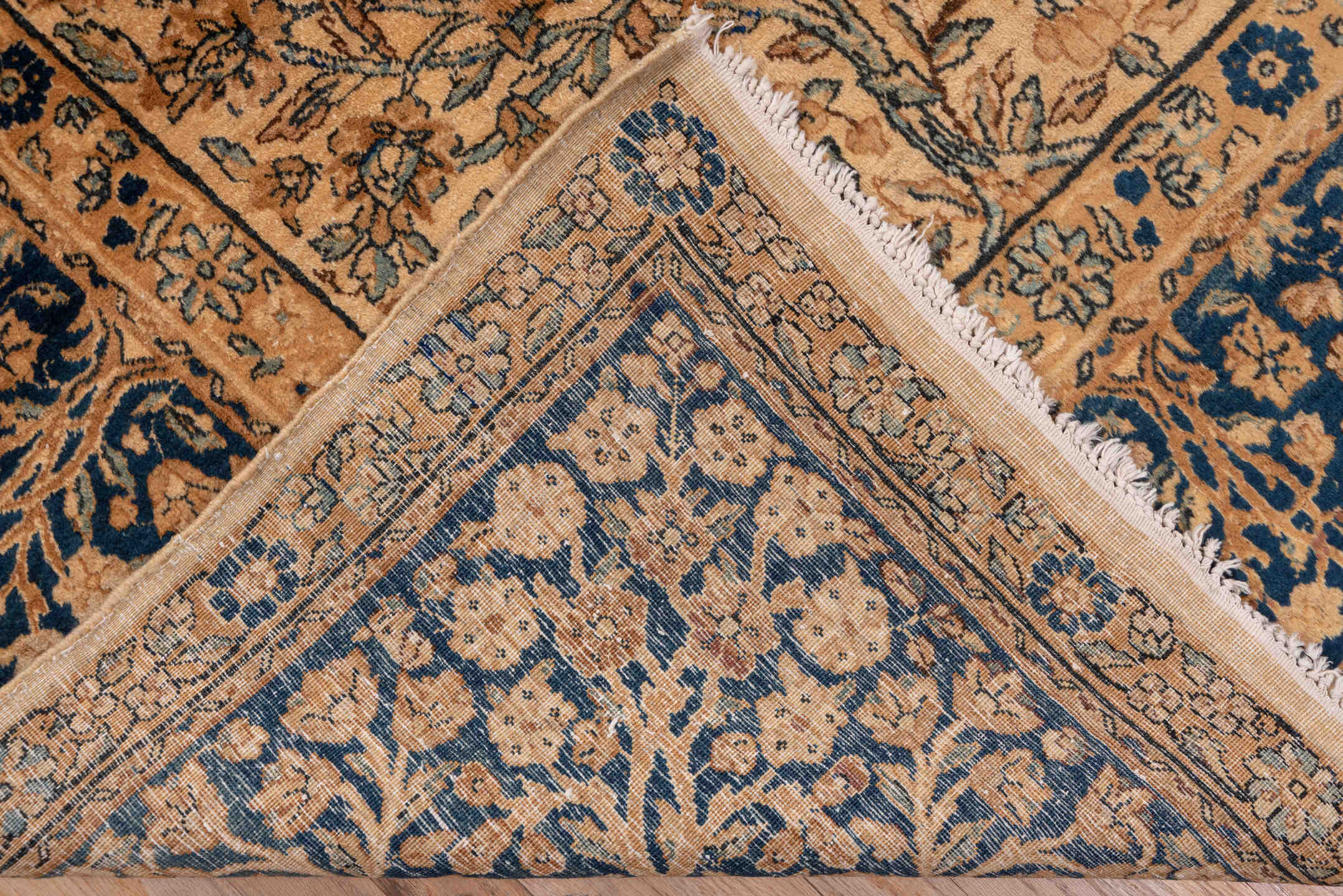 13' x 16' one-of-a-kind handmade vintage Afghan oversize rug. Color palette: ivory, slate blue, camel, taupe, navy, beige