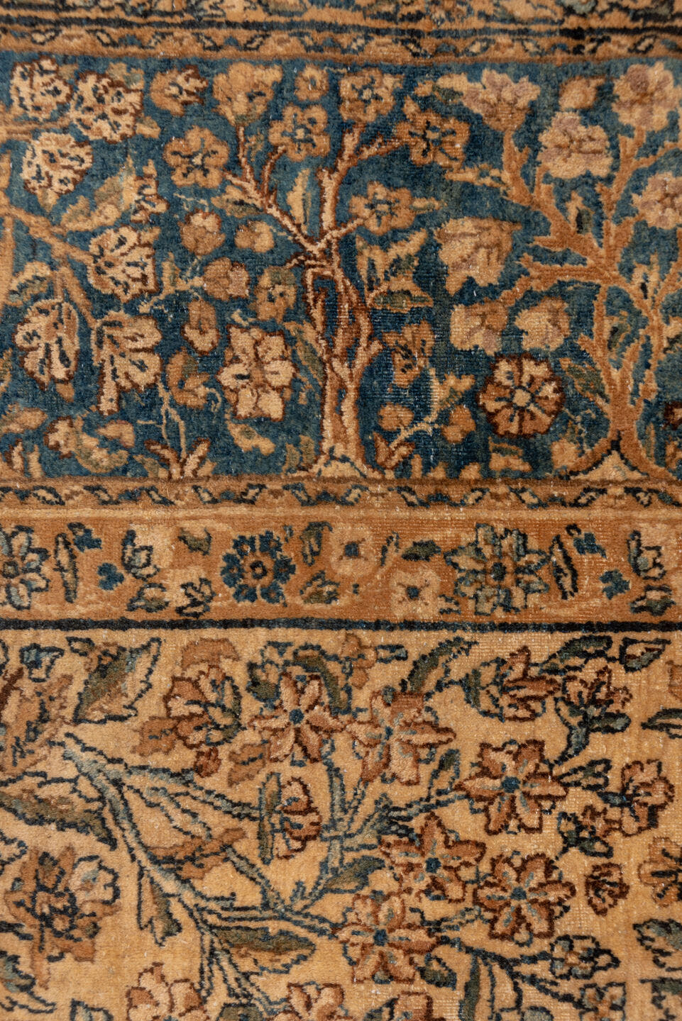 13' x 16' one-of-a-kind handmade vintage Afghan oversize rug. Color palette: ivory, slate blue, camel, taupe, navy, beige