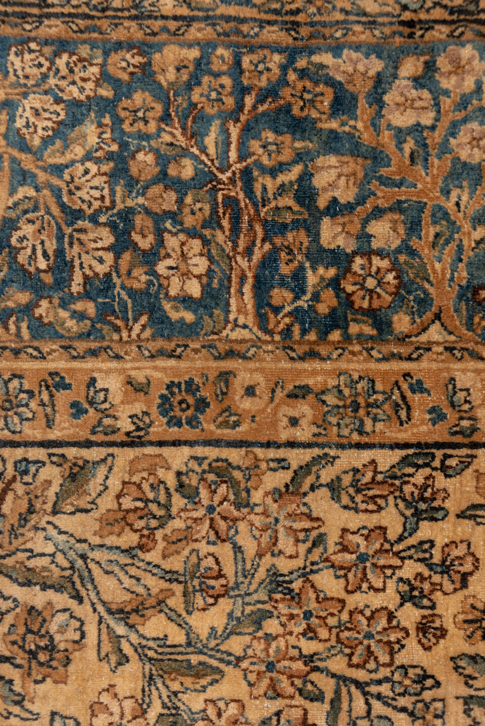 13' x 16' one-of-a-kind handmade vintage Afghan oversize rug. Color palette: ivory, slate blue, camel, taupe, navy, beige