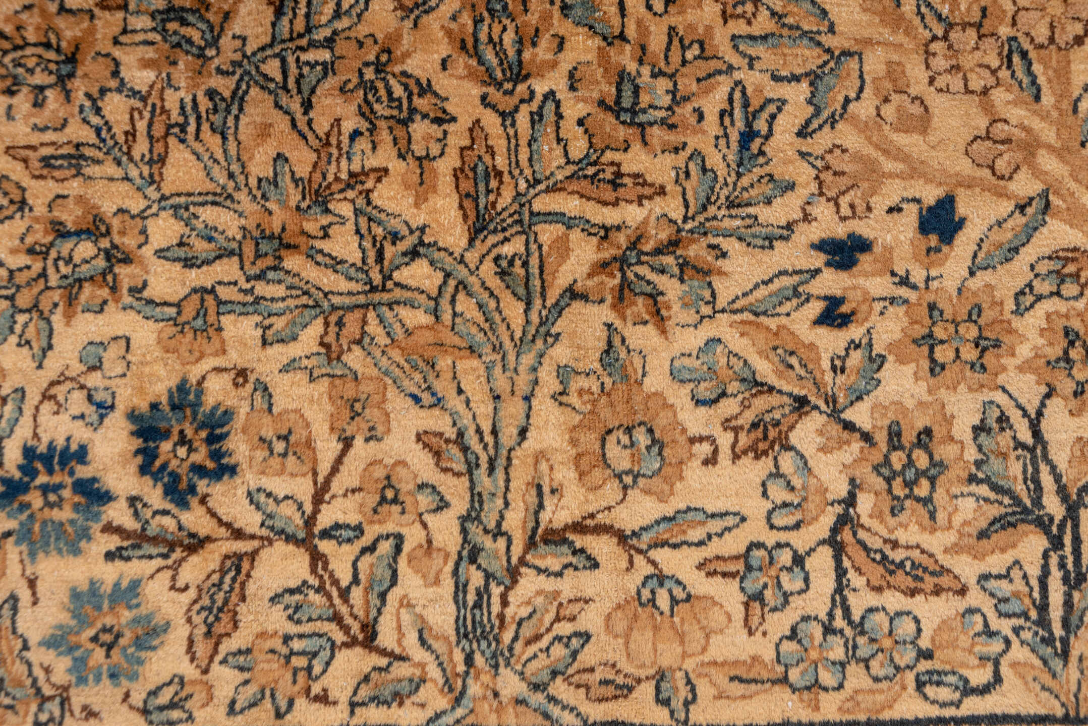 13' x 16' one-of-a-kind handmade vintage Afghan oversize rug. Color palette: ivory, slate blue, camel, taupe, navy, beige
