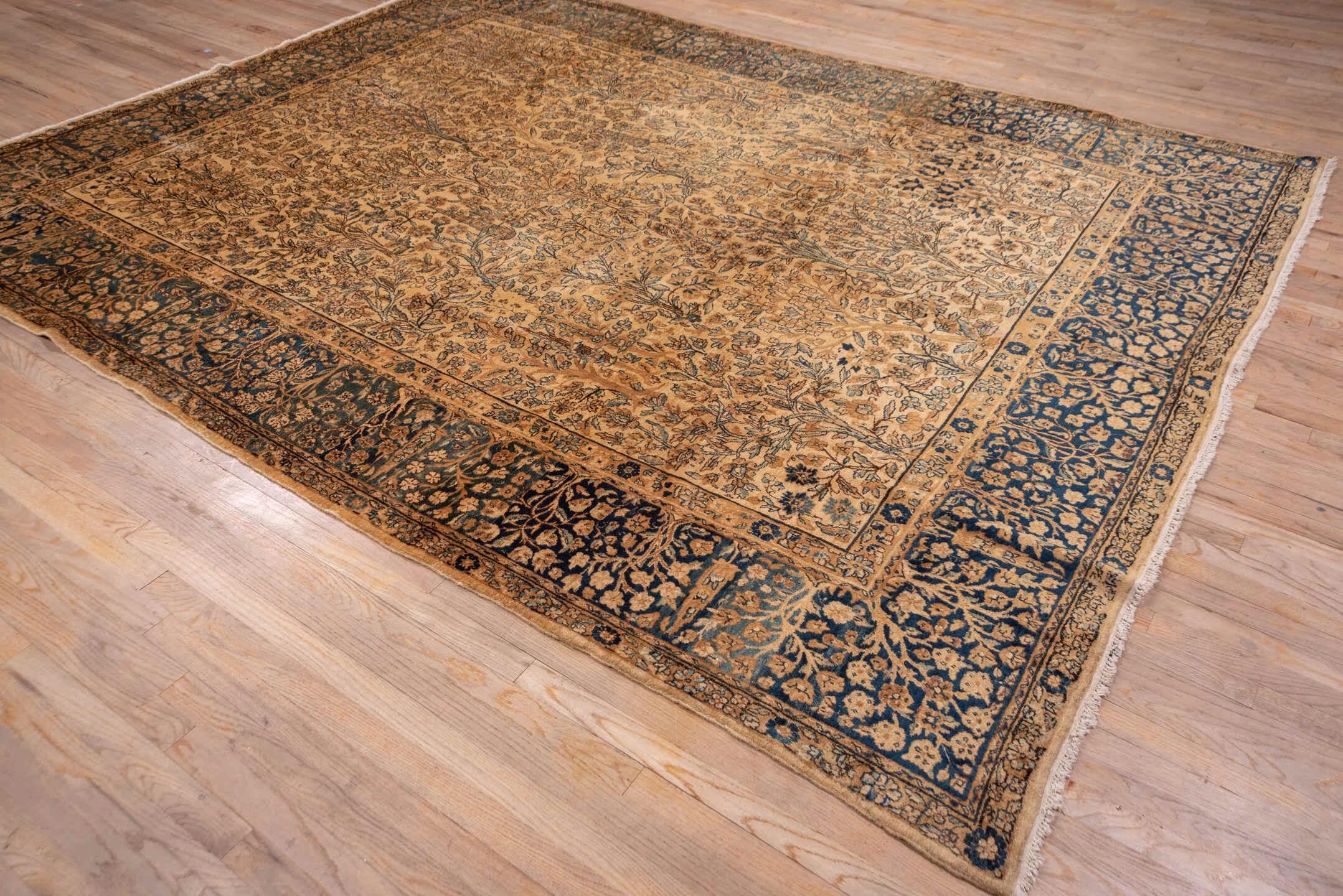 13' x 16' one-of-a-kind handmade vintage Afghan oversize rug. Color palette: ivory, slate blue, camel, taupe, navy, beige