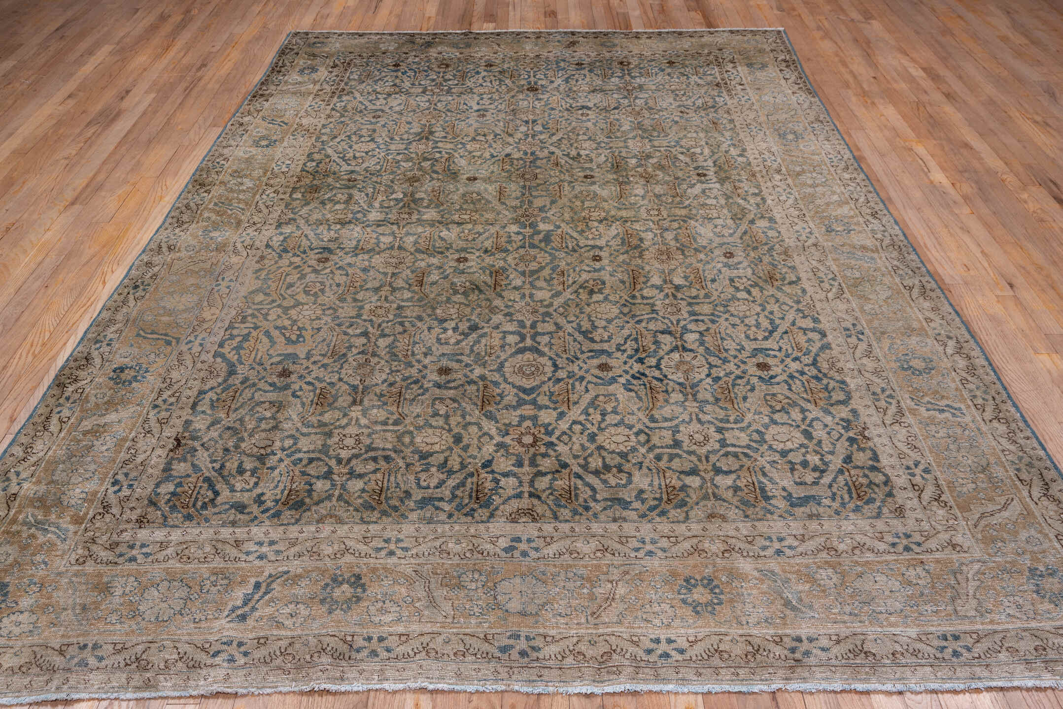 13' x 16' one-of-a-kind handmade vintage Tulu oversize rug. Color palette: taupe, blue gray, ivory, camel, brown, beige