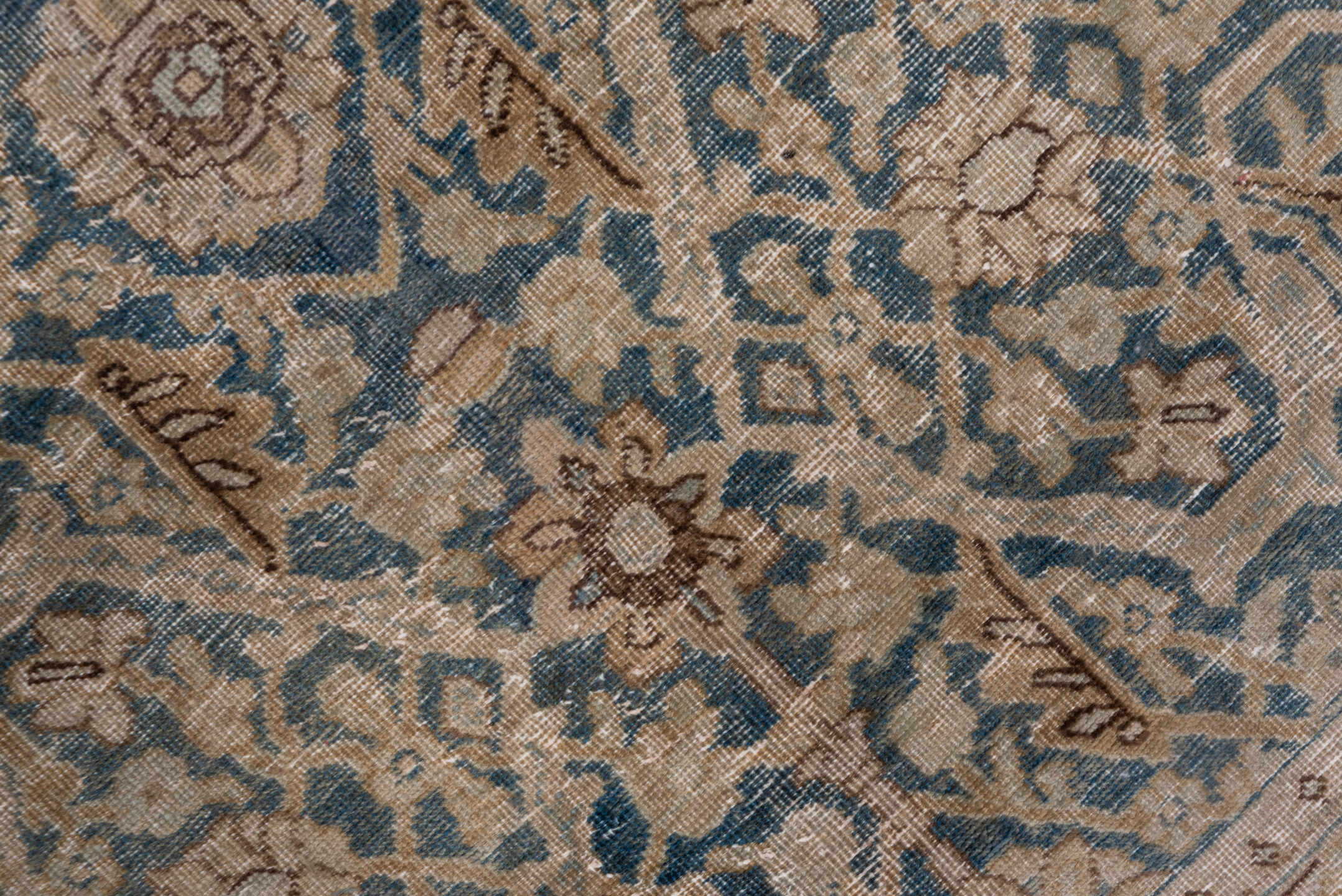 13' x 16' one-of-a-kind handmade vintage Tulu oversize rug. Color palette: taupe, blue gray, ivory, camel, brown, beige