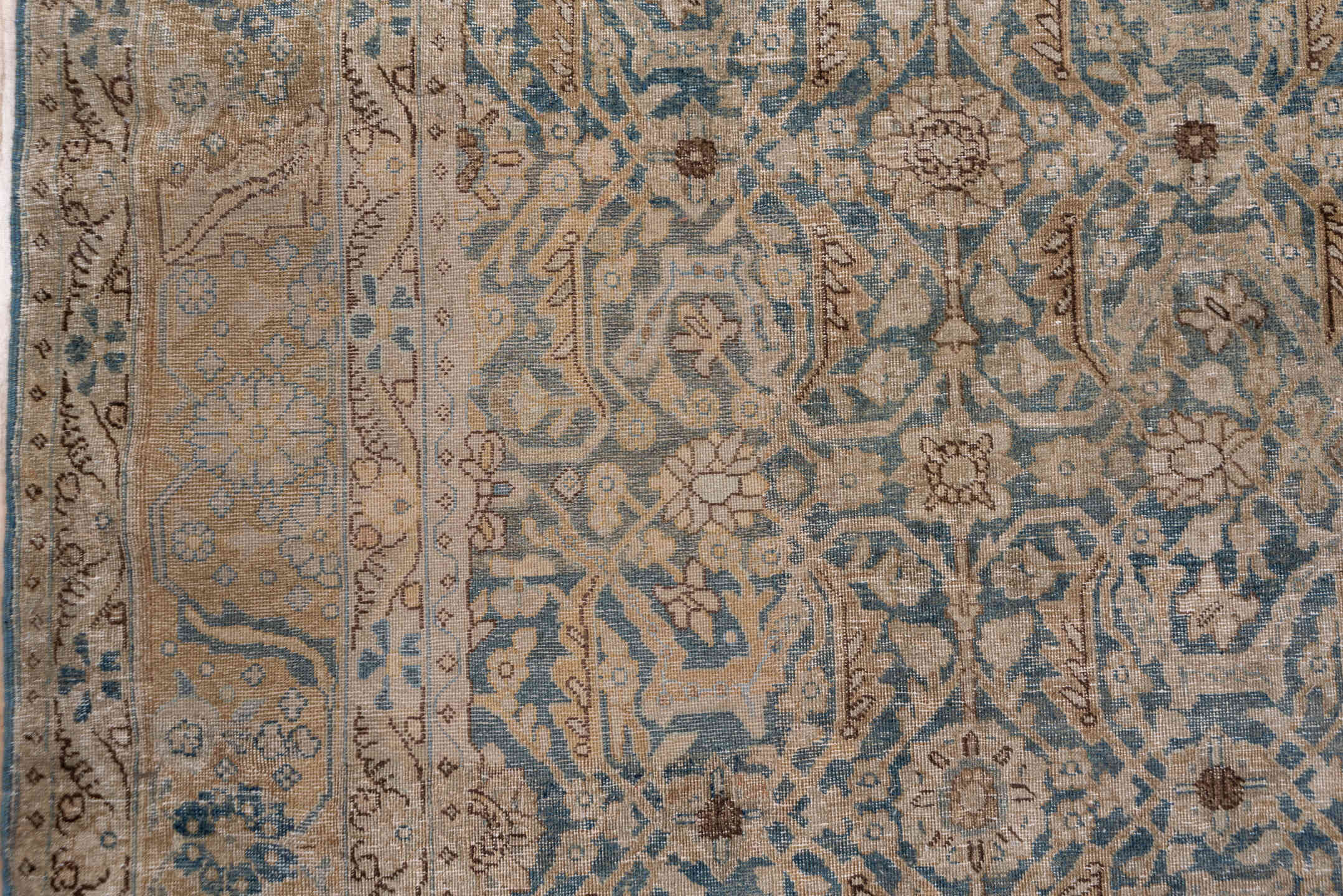 13' x 16' one-of-a-kind handmade vintage Tulu oversize rug. Color palette: taupe, blue gray, ivory, camel, brown, beige