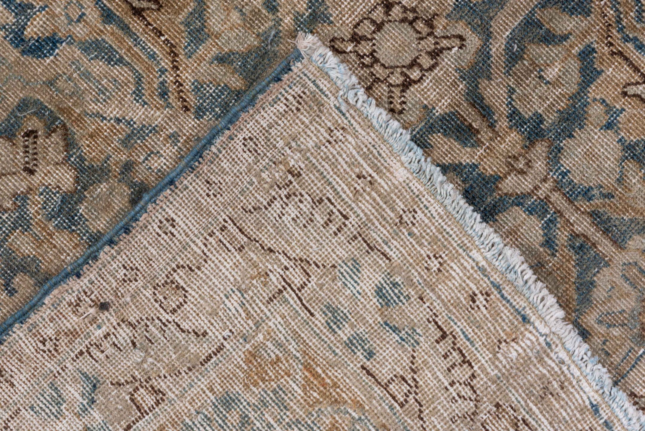 13' x 16' one-of-a-kind handmade vintage Tulu oversize rug. Color palette: taupe, blue gray, ivory, camel, brown, beige