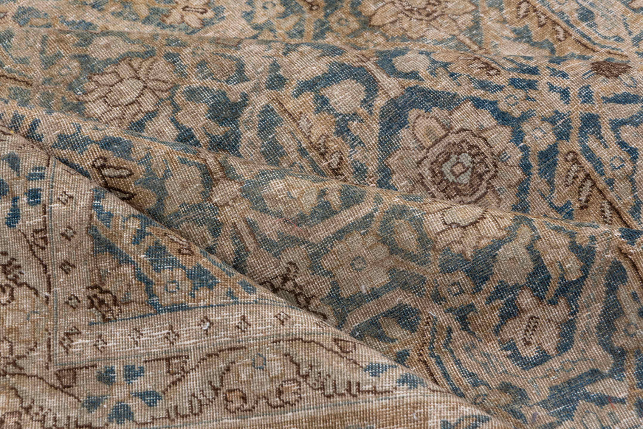 13' x 16' one-of-a-kind handmade vintage Tulu oversize rug. Color palette: taupe, blue gray, ivory, camel, brown, beige