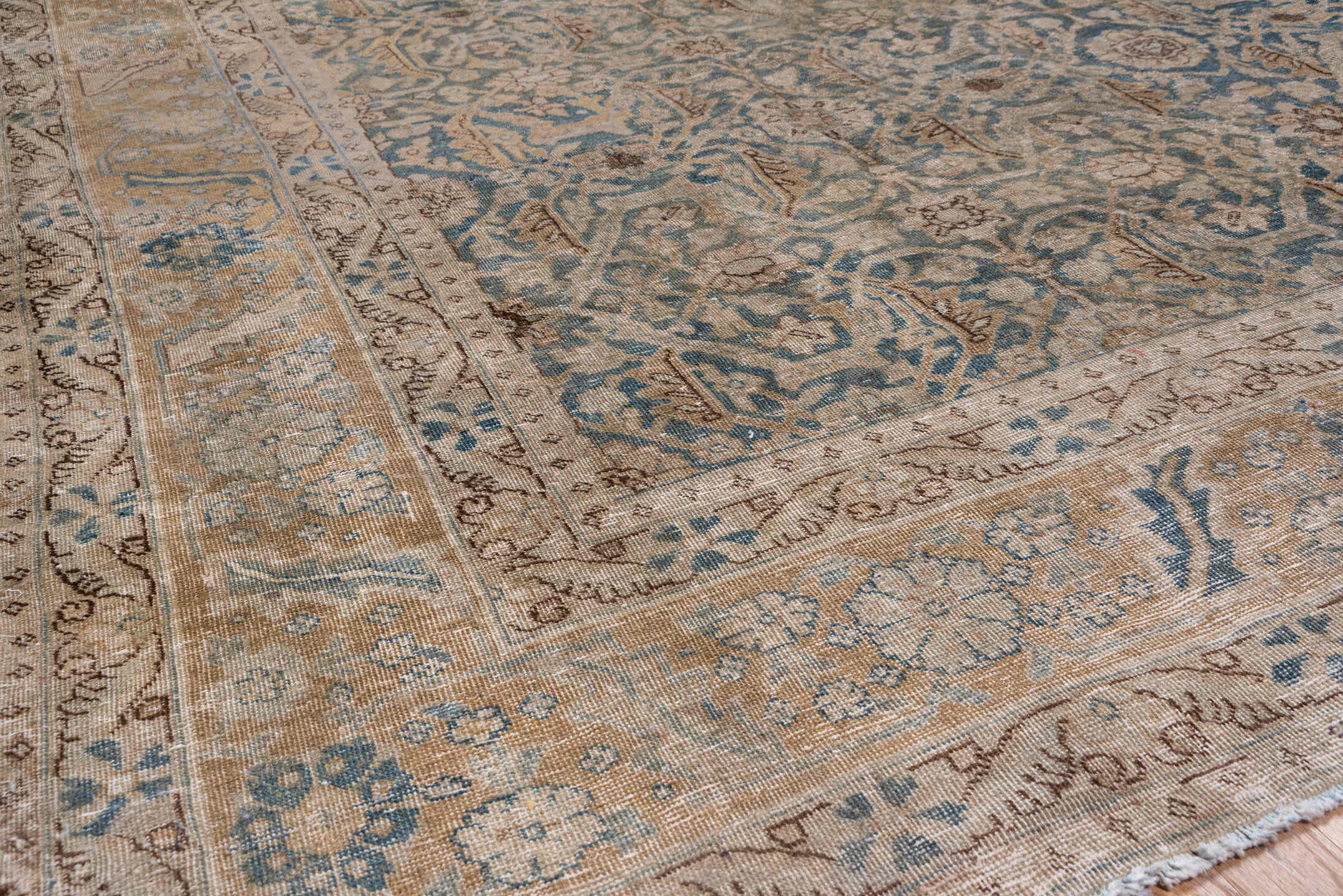 13' x 16' one-of-a-kind handmade vintage Tulu oversize rug. Color palette: taupe, blue gray, ivory, camel, brown, beige