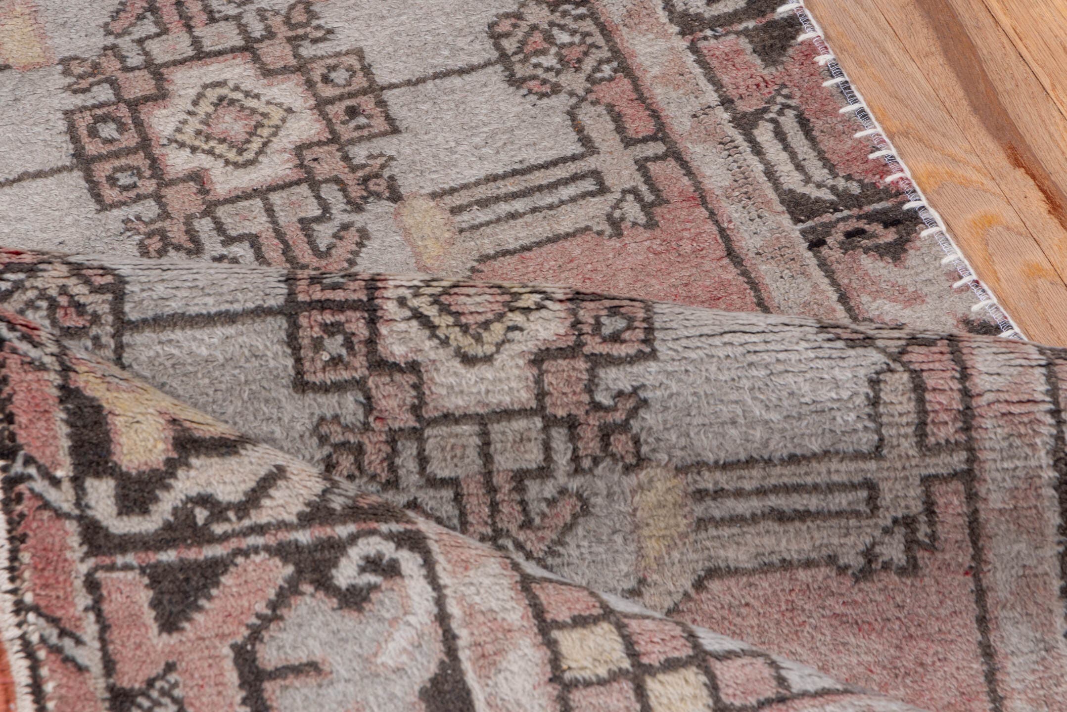 2' x 9' one-of-a-kind handmade vintage Oushak runner rug. Color palette: rose, ivory, charcoal, taupe, dusty blue, camel