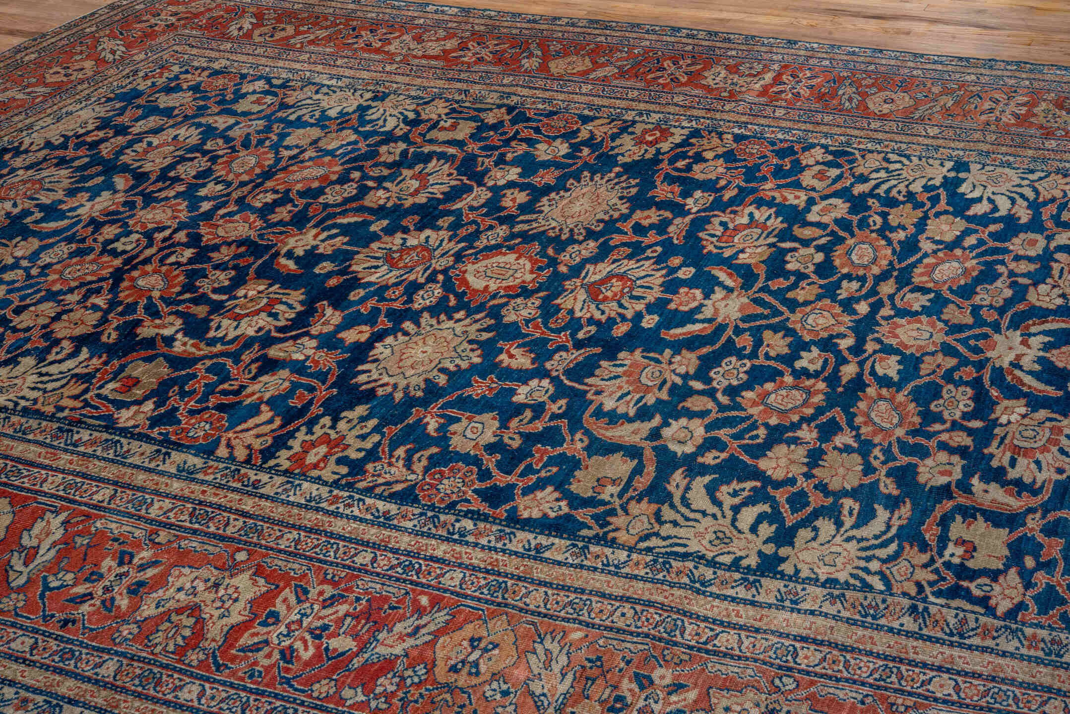 11' x 15' one-of-a-kind handmade vintage Kilim oversize rug. Color palette: navy, terracotta, ivory, rust, camel, slate