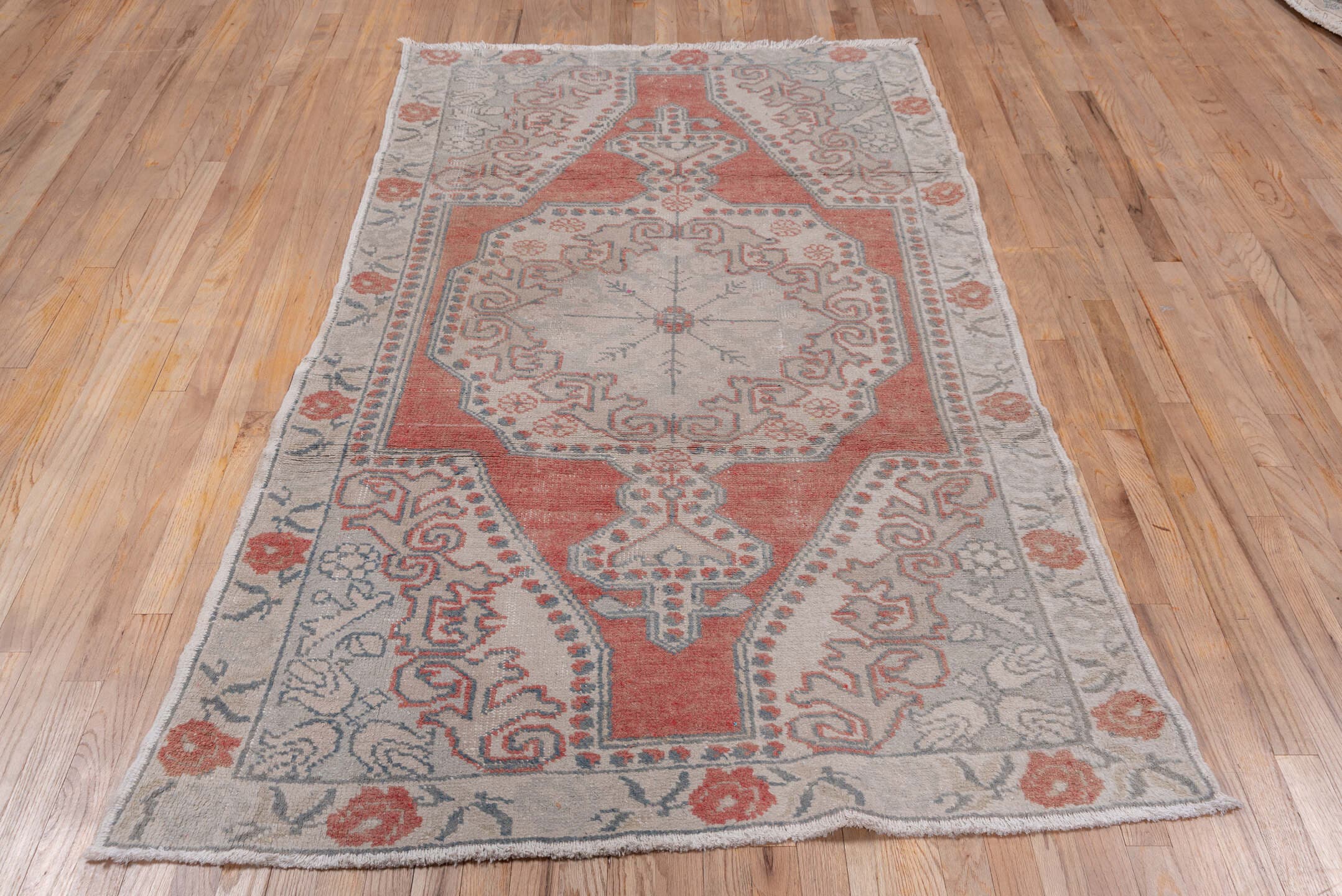 4' x 7' one-of-a-kind handmade vintage Oushak rug. Color palette: ivory, coral, blue_gray, taupe, sage, terracotta, gray