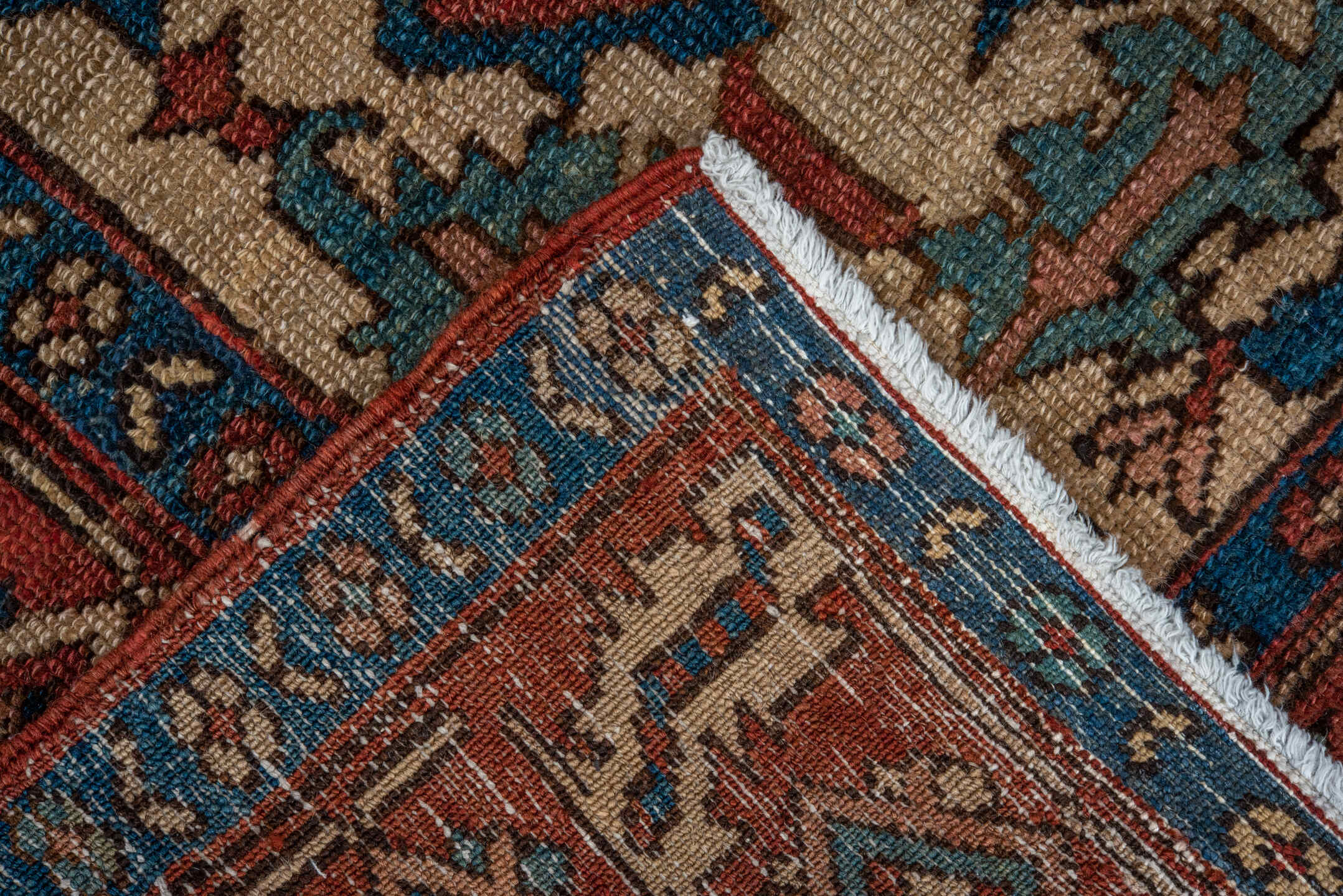 4' x 6' one-of-a-kind handmade vintage Serapi small size rug. Color palette: arapawa, blue, brown, dim gray, gray, pink, red