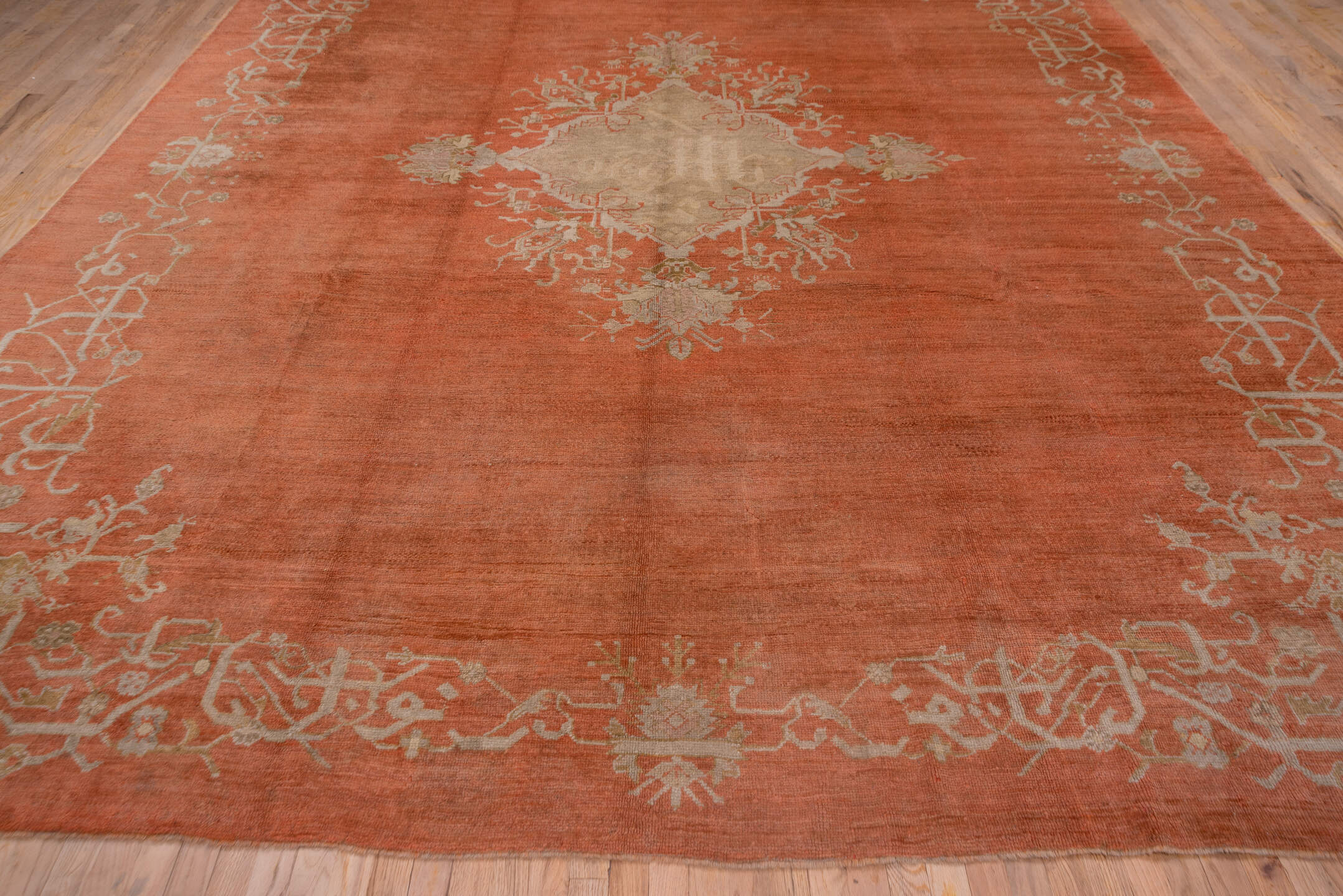 13' x 18' one-of-a-kind handmade vintage Oushak oversize rug. Color palette: terracotta, ivory, peach, taupe, camel, brown