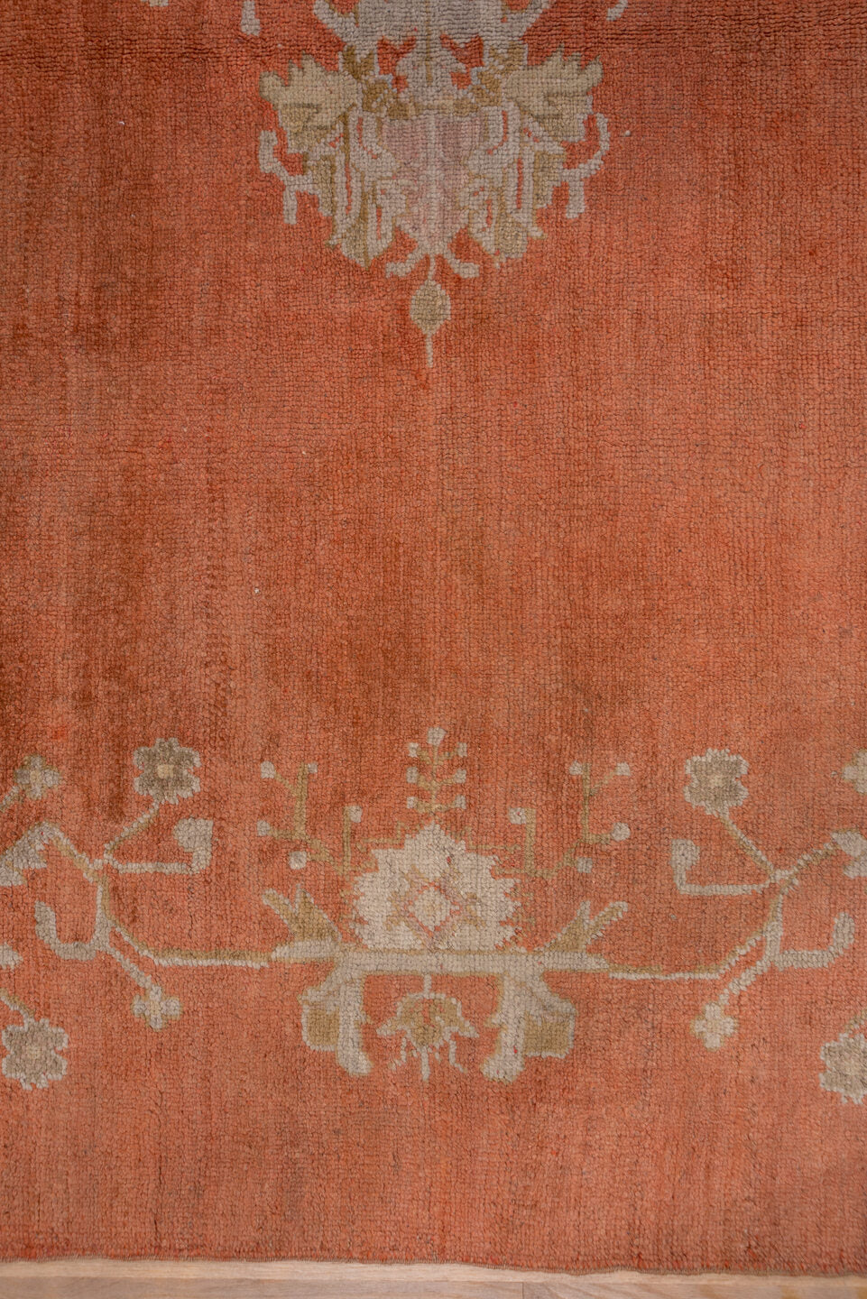 13' x 18' one-of-a-kind handmade vintage Oushak oversize rug. Color palette: terracotta, ivory, peach, taupe, camel, brown