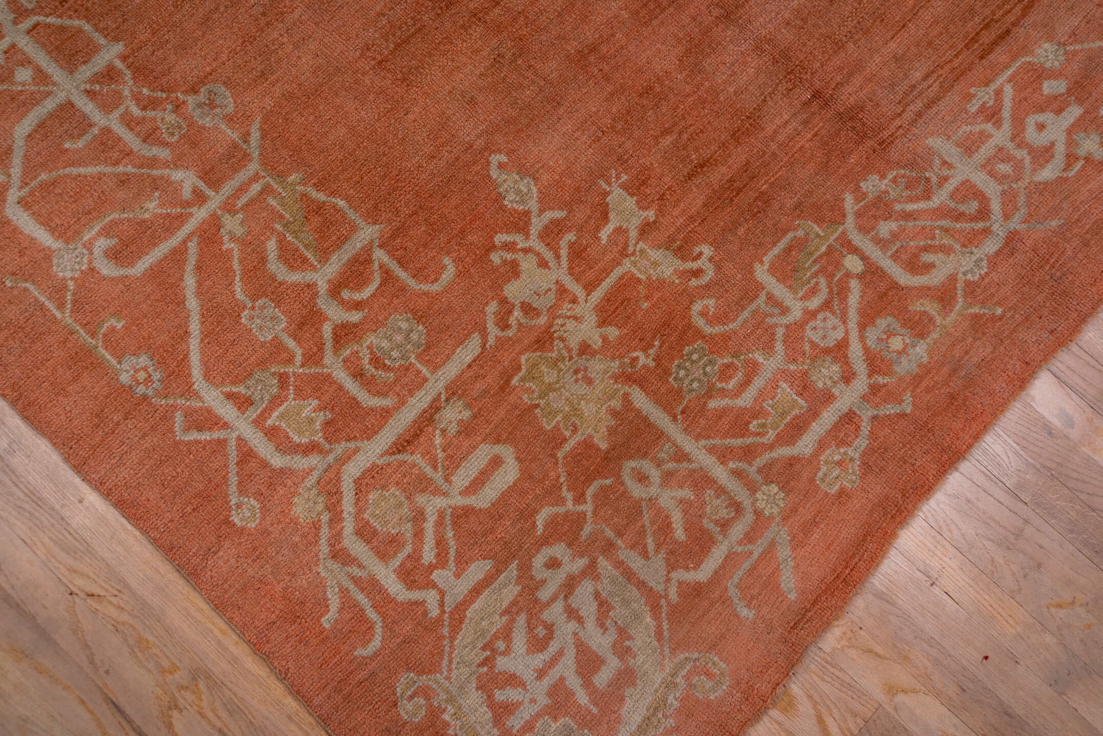13' x 18' one-of-a-kind handmade vintage Oushak oversize rug. Color palette: terracotta, ivory, peach, taupe, camel, brown