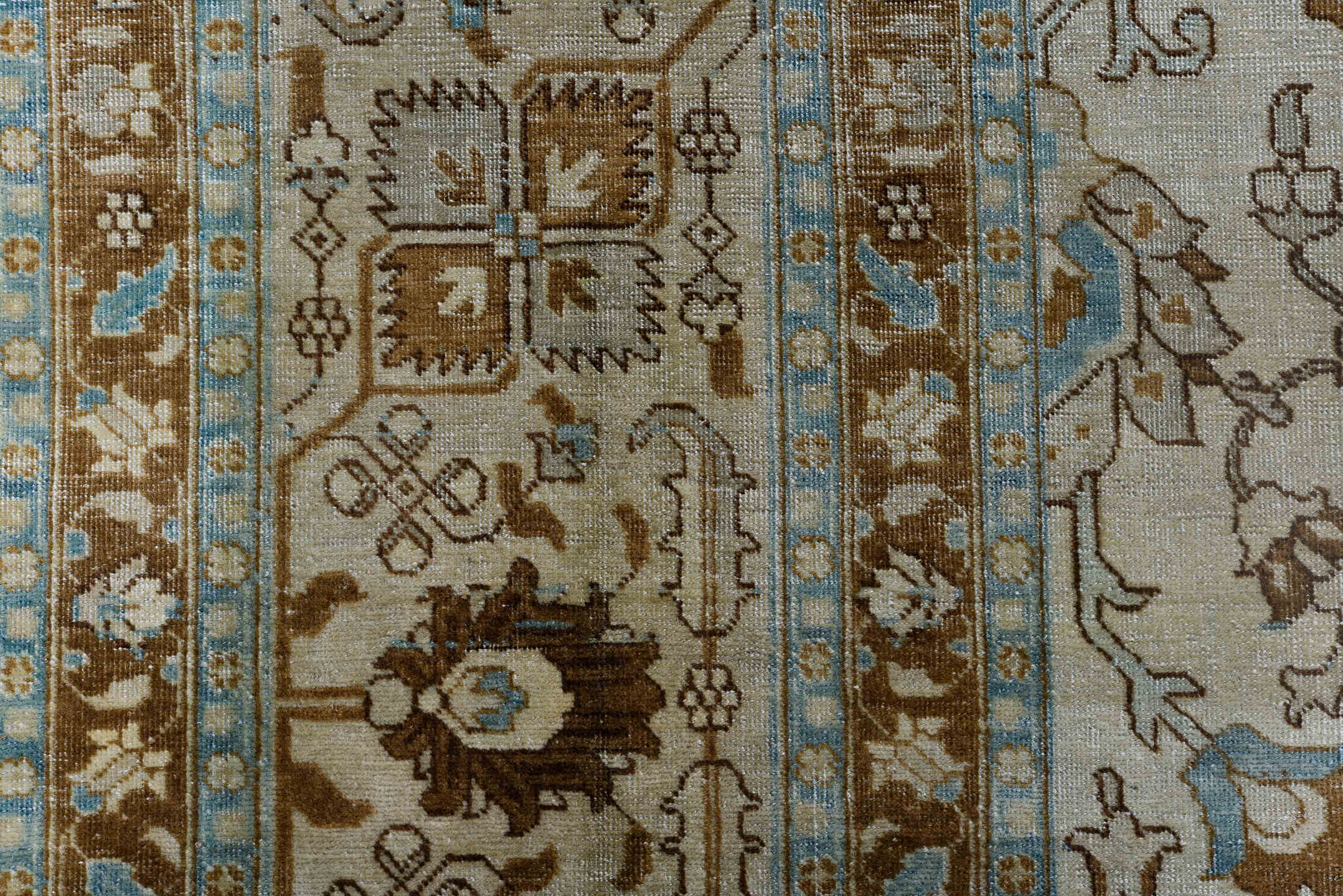 10' x 12' one-of-a-kind handmade antique Tabriz large size rug. Color palette: ivory, camel, sky_blue, taupe, brown, beige