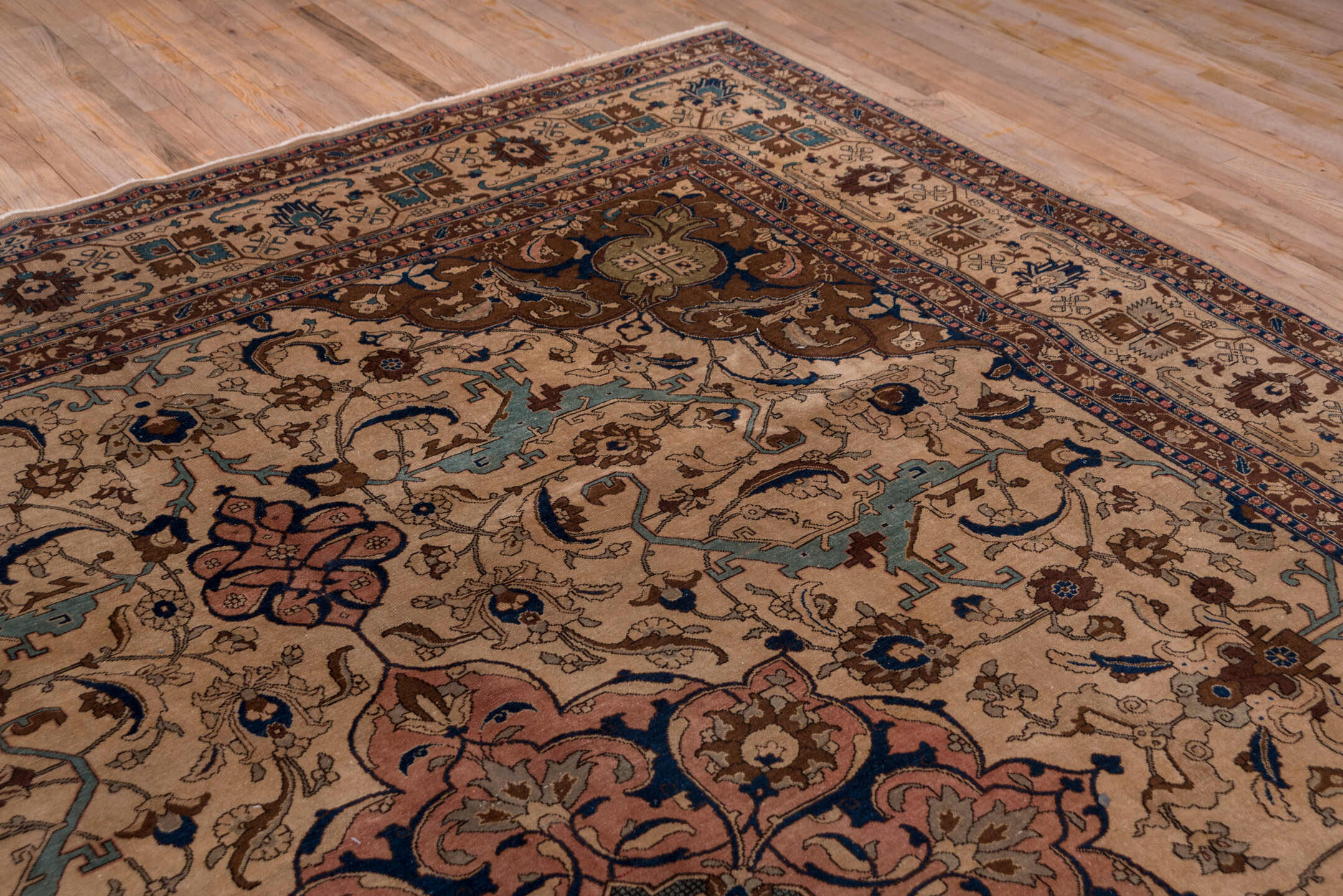 10' x 12' one-of-a-kind handmade antique Tabriz large size rug. Color palette: ivory, camel, sky_blue, taupe, brown, beige
