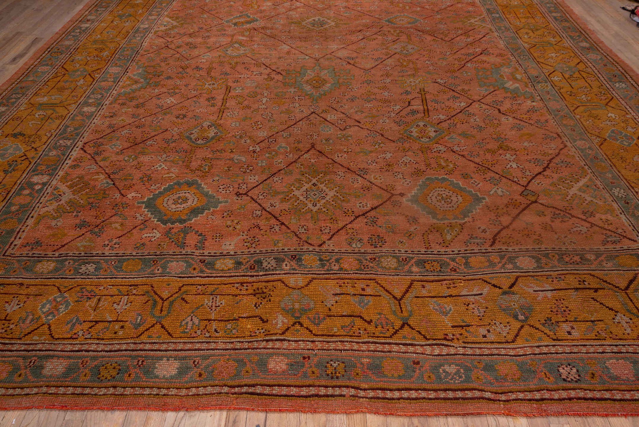 8' x 11' one-of-a-kind handmade vintage Oushak large size rug. Color palette: terracotta, ochre, blue gray, taupe, ivory