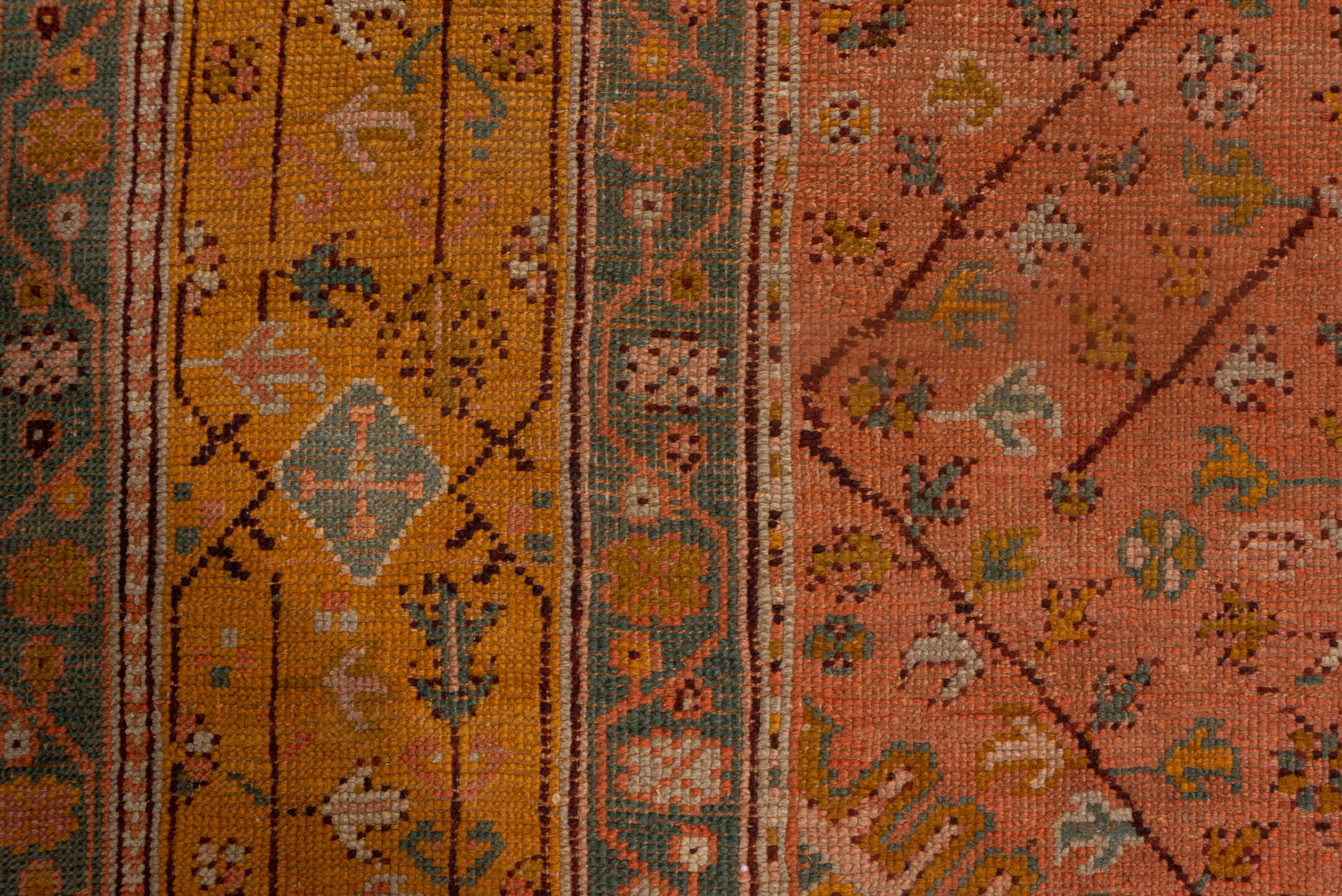 8' x 11' one-of-a-kind handmade vintage Oushak large size rug. Color palette: terracotta, ochre, blue gray, taupe, ivory
