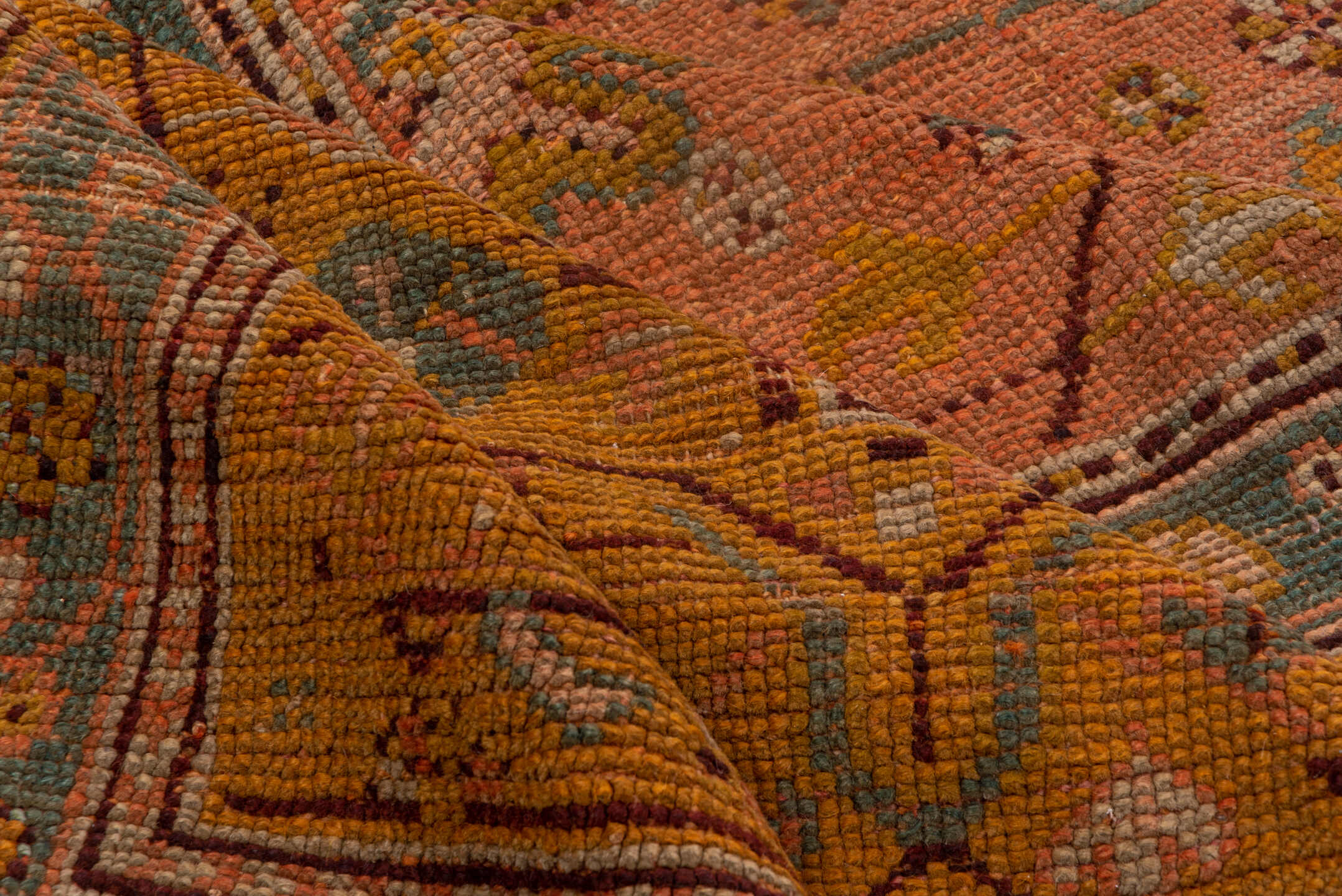 8' x 11' one-of-a-kind handmade vintage Oushak large size rug. Color palette: terracotta, ochre, blue gray, taupe, ivory