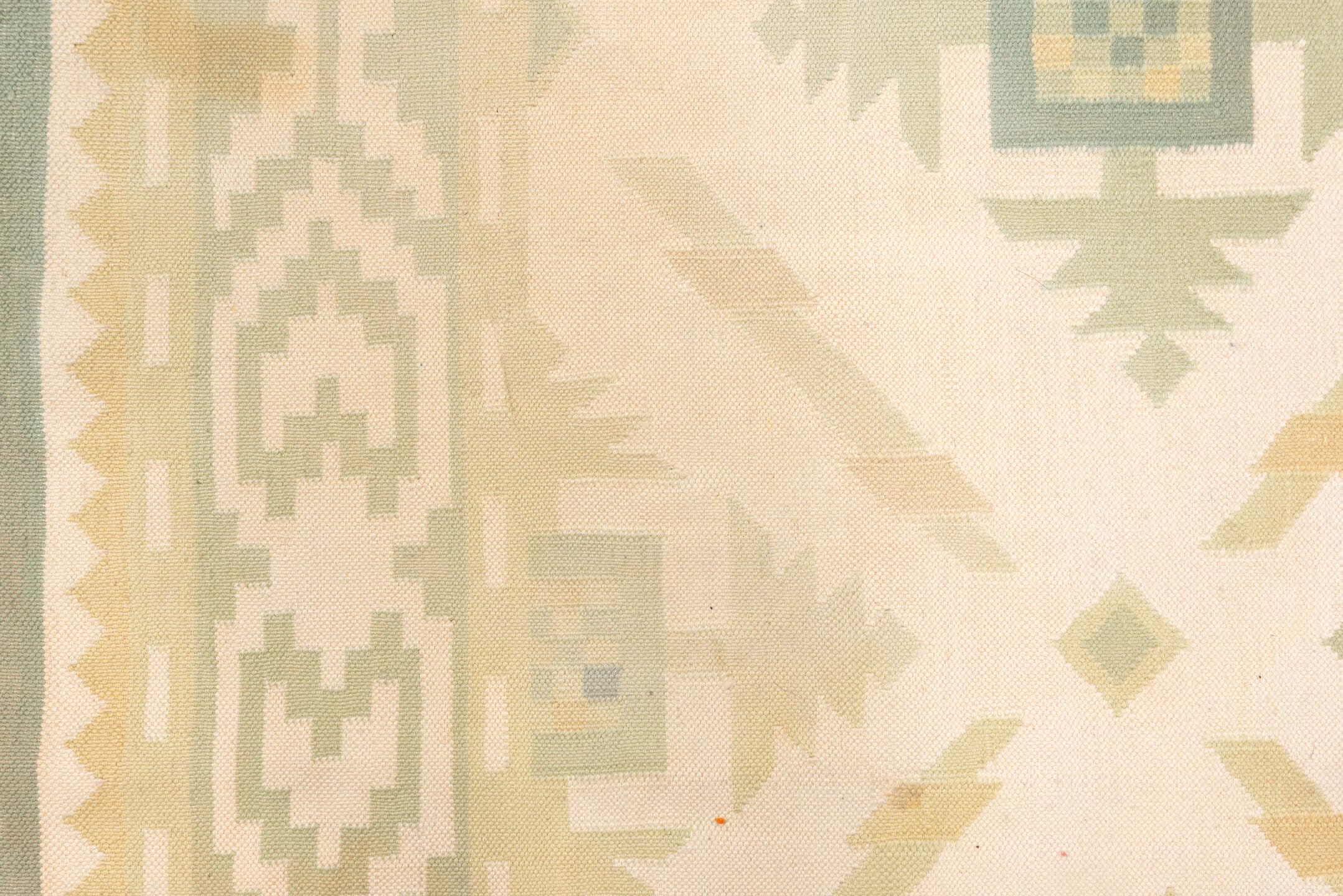 6' x 9' one-of-a-kind handmade antique Dhurrie medium size rug. Color palette: ivory, taupe, sage, sand, cream, beige, gray