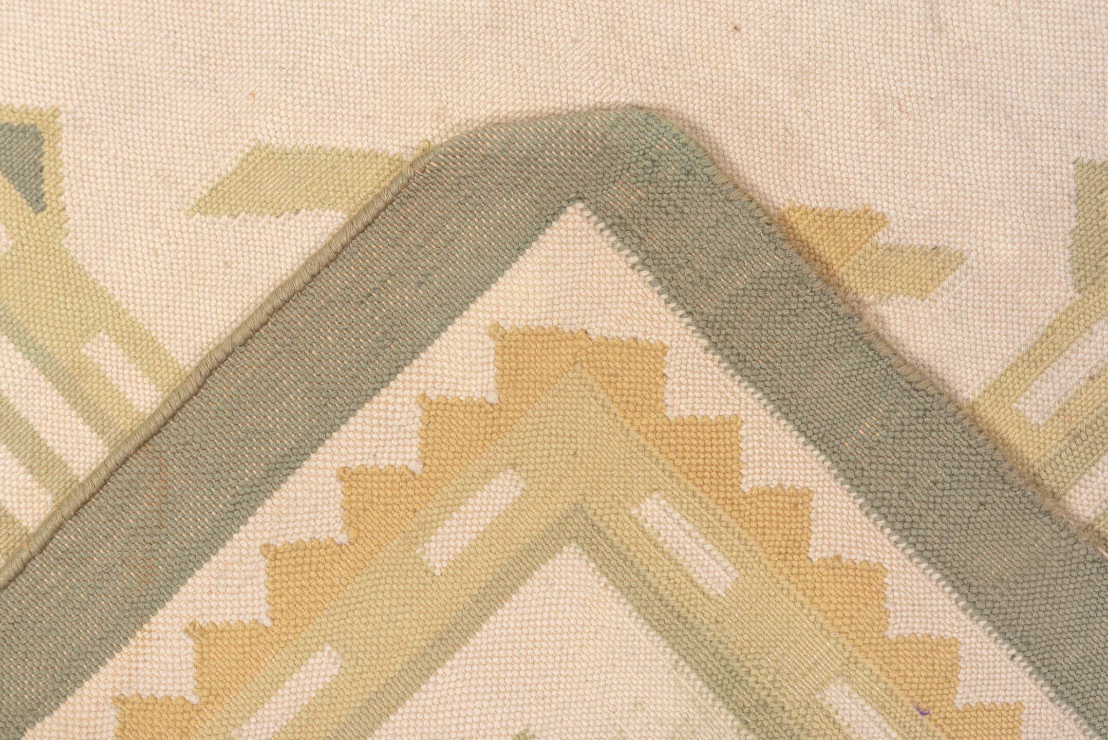 6' x 9' one-of-a-kind handmade antique Dhurrie medium size rug. Color palette: ivory, taupe, sage, sand, cream, beige, gray