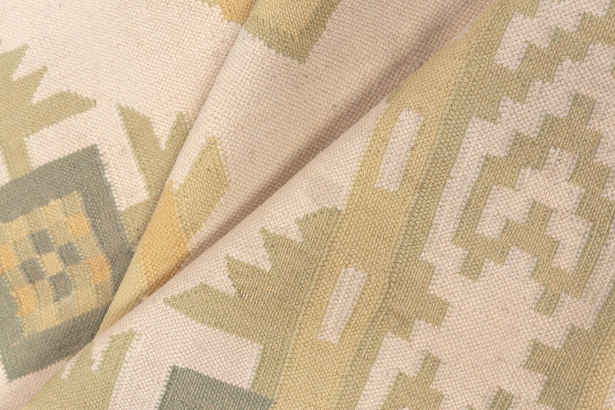 6' x 9' one-of-a-kind handmade antique Dhurrie medium size rug. Color palette: ivory, taupe, sage, sand, cream, beige, gray
