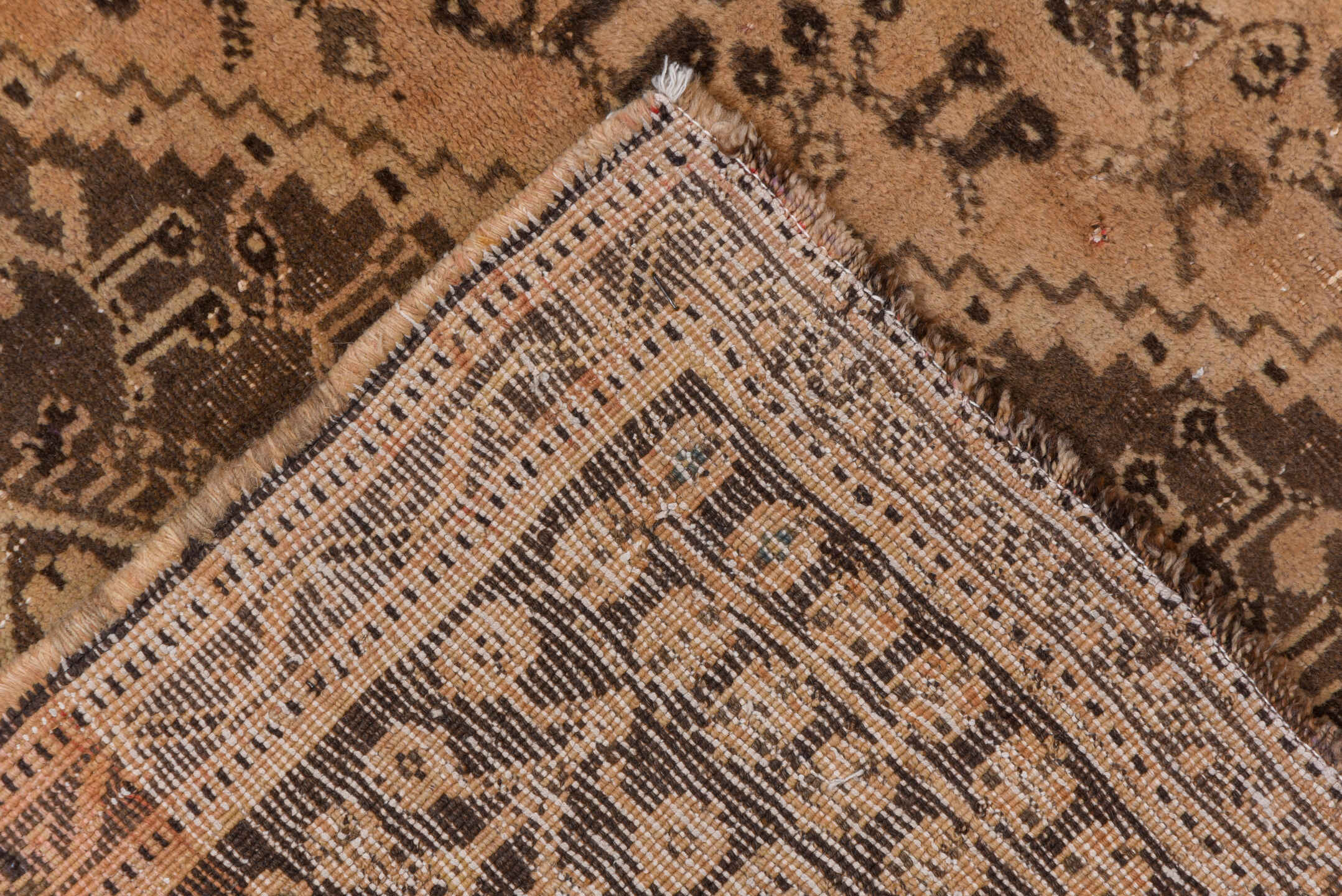 6' x 9' one-of-a-kind handmade antique Shiraz medium size rug. Color palette: ivory, camel, brown, taupe, charcoal, beige