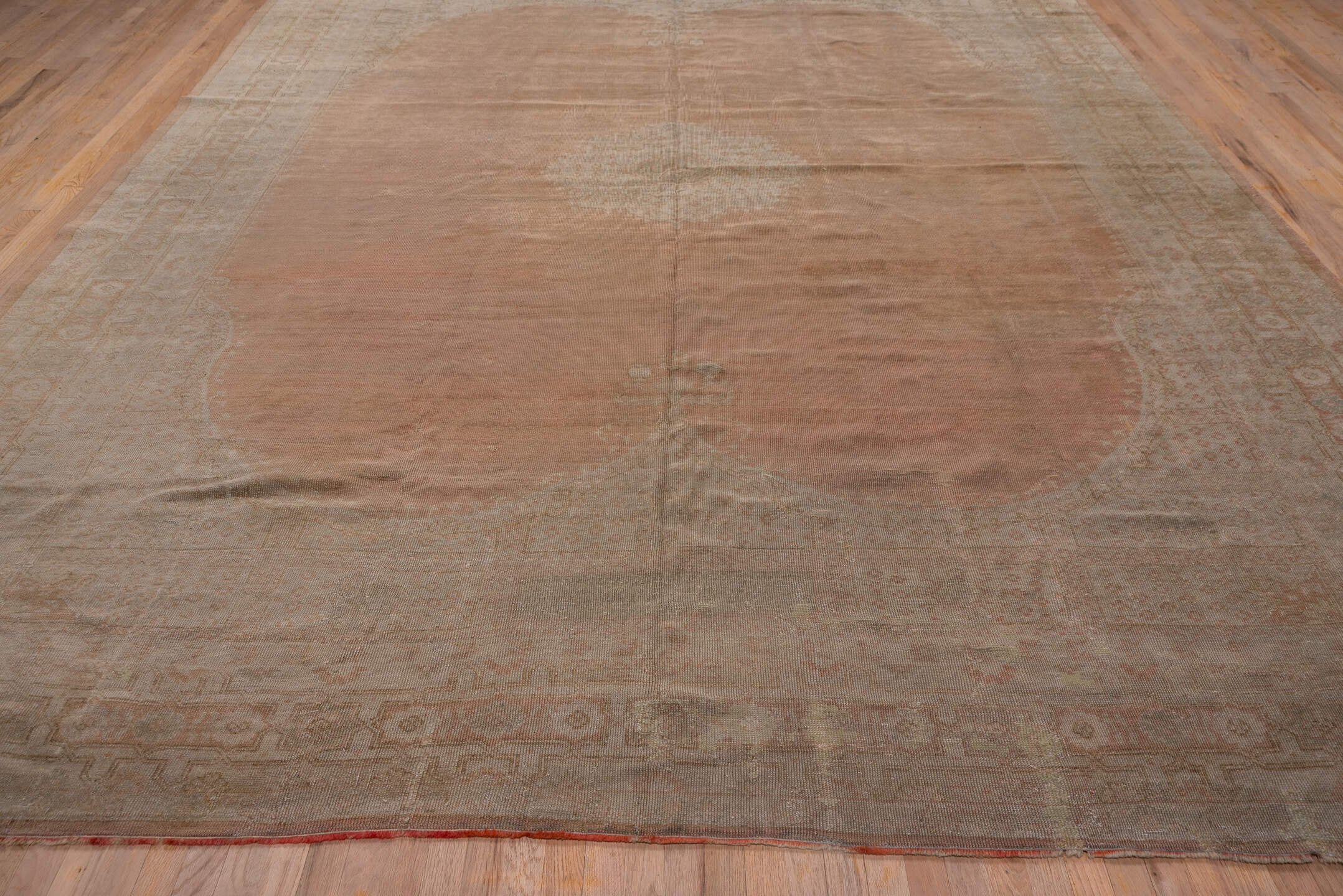 12' x 15' one-of-a-kind handmade vintage Kilim oversize rug. Color palette: blush, taupe, ivory, dusty rose, beige, sand
