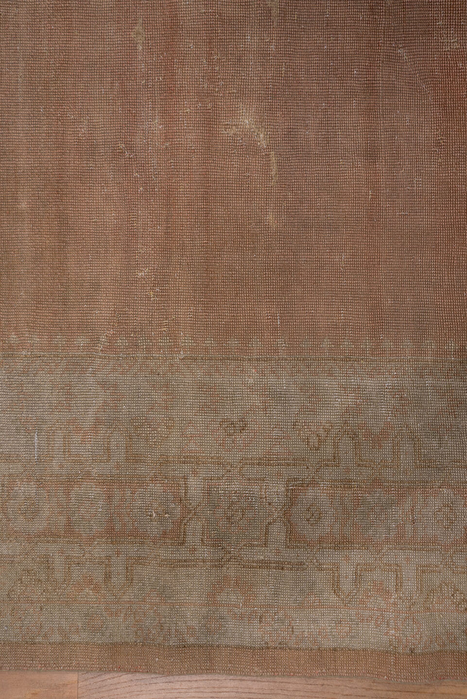 11' x 13' one-of-a-kind handmade antique Oushak oversize rug. Color palette: blush, taupe, ivory, rose, beige, camel