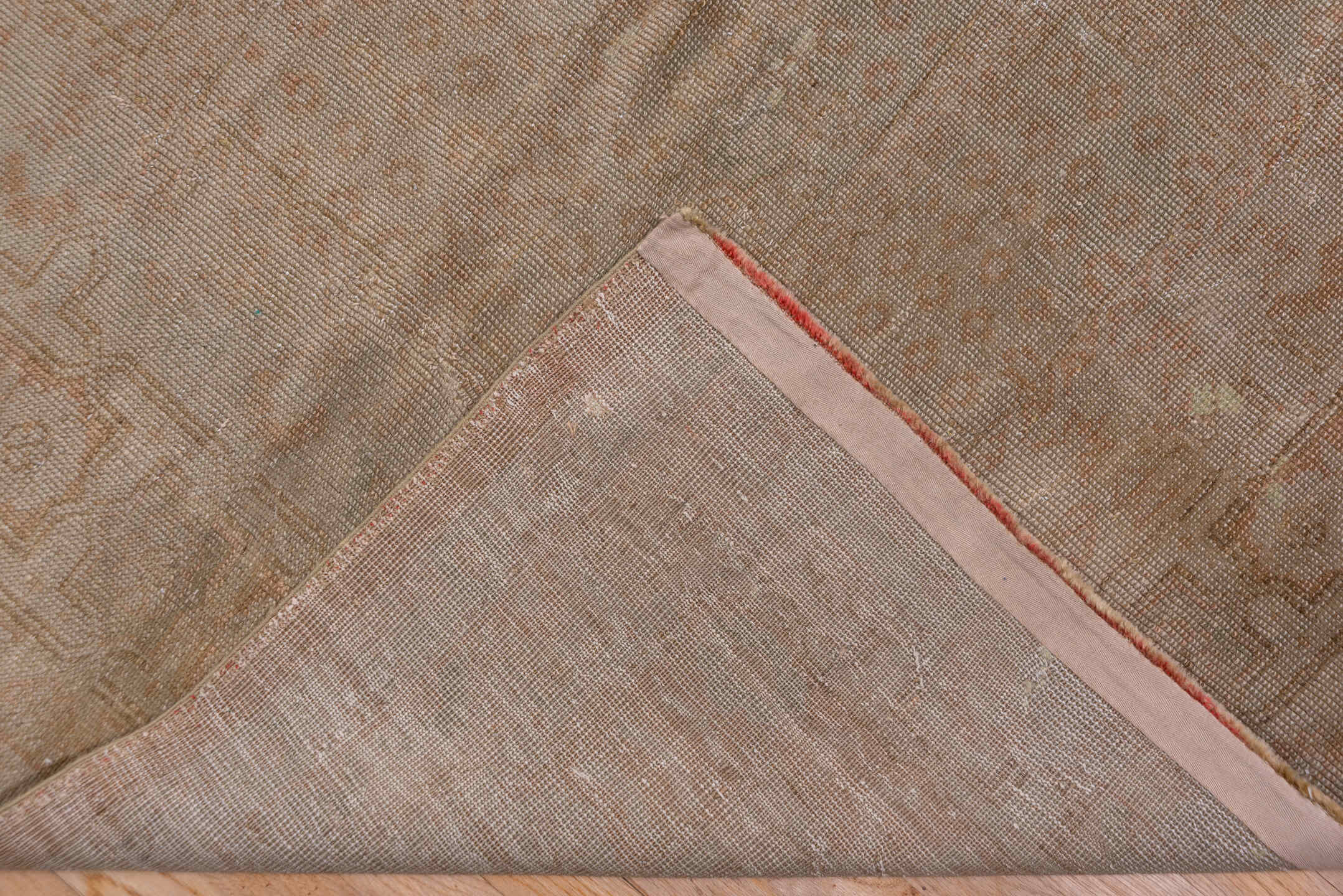 11' x 13' one-of-a-kind handmade antique Oushak oversize rug. Color palette: blush, taupe, ivory, rose, beige, camel