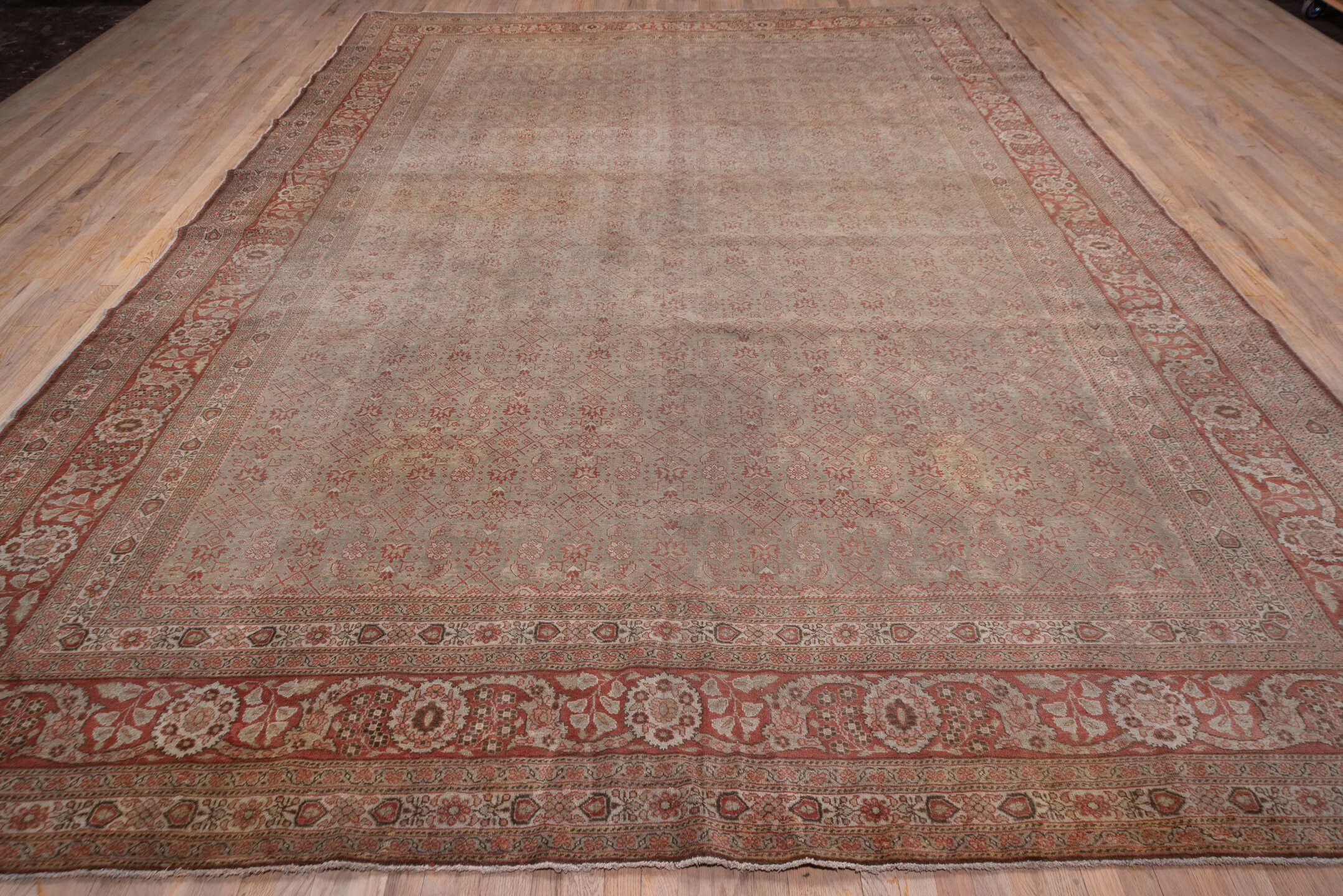 11' x 14' one-of-a-kind handmade antique Tabriz oversize rug. Color palette: rose, ivory, terra cotta, taupe, camel, sienna