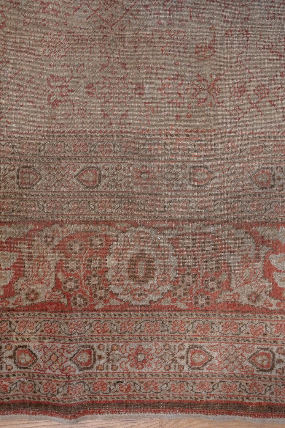 11' x 14' one-of-a-kind handmade antique Tabriz oversize rug. Color palette: rose, ivory, terra cotta, taupe, camel, sienna