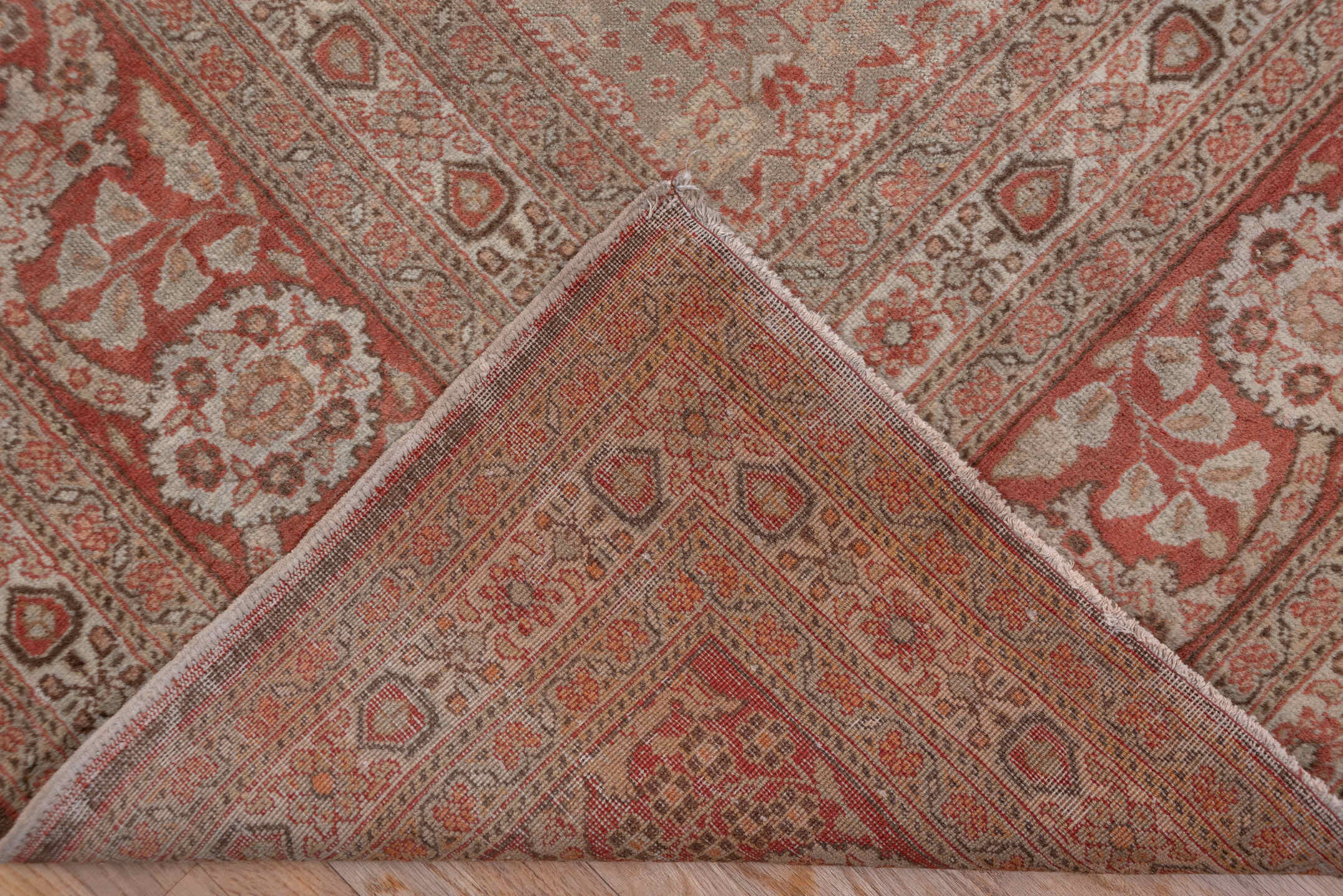 11' x 14' one-of-a-kind handmade antique Tabriz oversize rug. Color palette: rose, ivory, terra cotta, taupe, camel, sienna