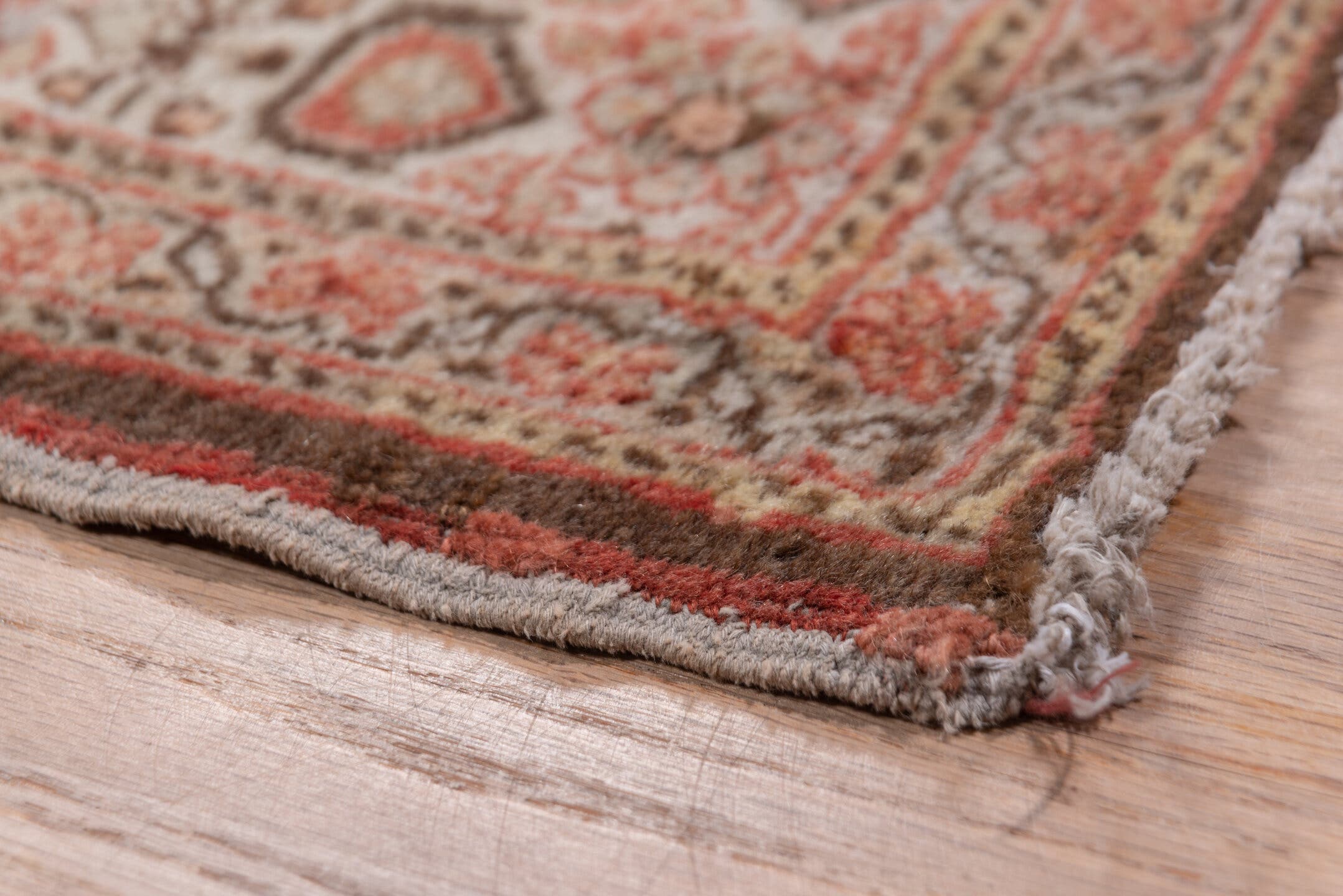 11' x 14' one-of-a-kind handmade antique Tabriz oversize rug. Color palette: rose, ivory, terra cotta, taupe, camel, sienna