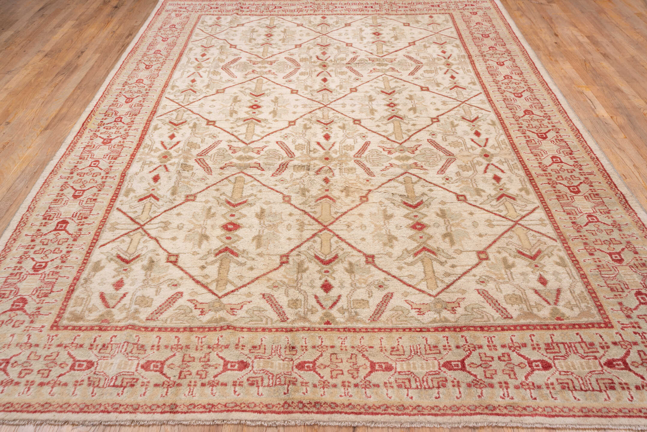 8' x 11' one-of-a-kind handmade antique Oushak large size rug. Color palette: ivory, coral, beige, tan, rose, terracotta