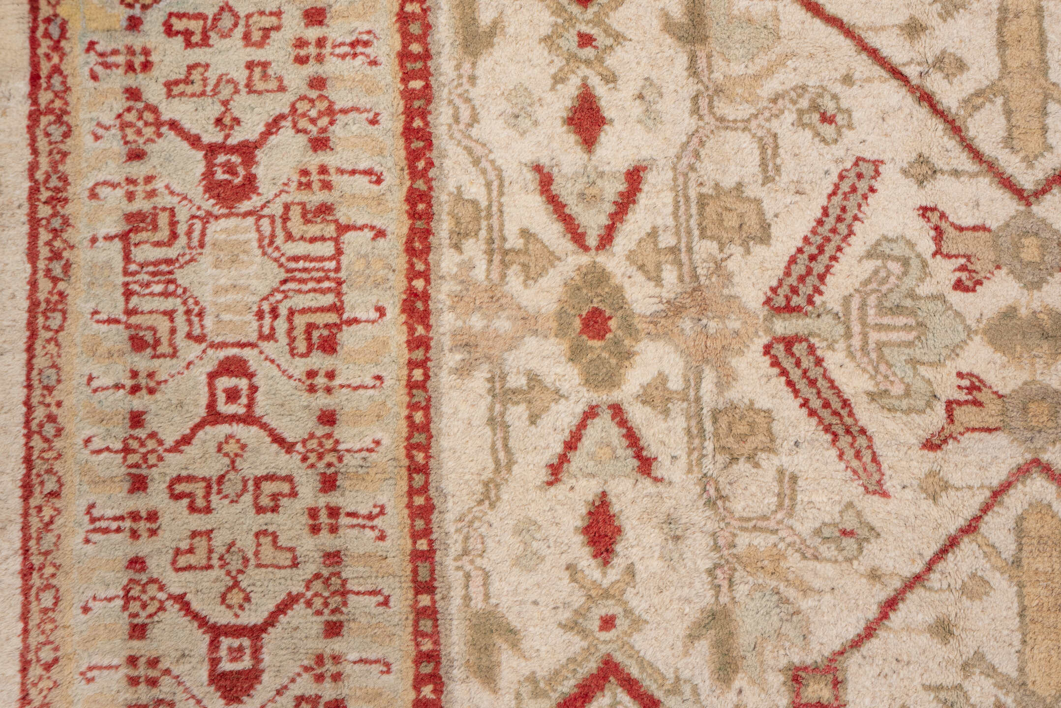 8' x 11' one-of-a-kind handmade antique Oushak large size rug. Color palette: ivory, coral, beige, tan, rose, terracotta