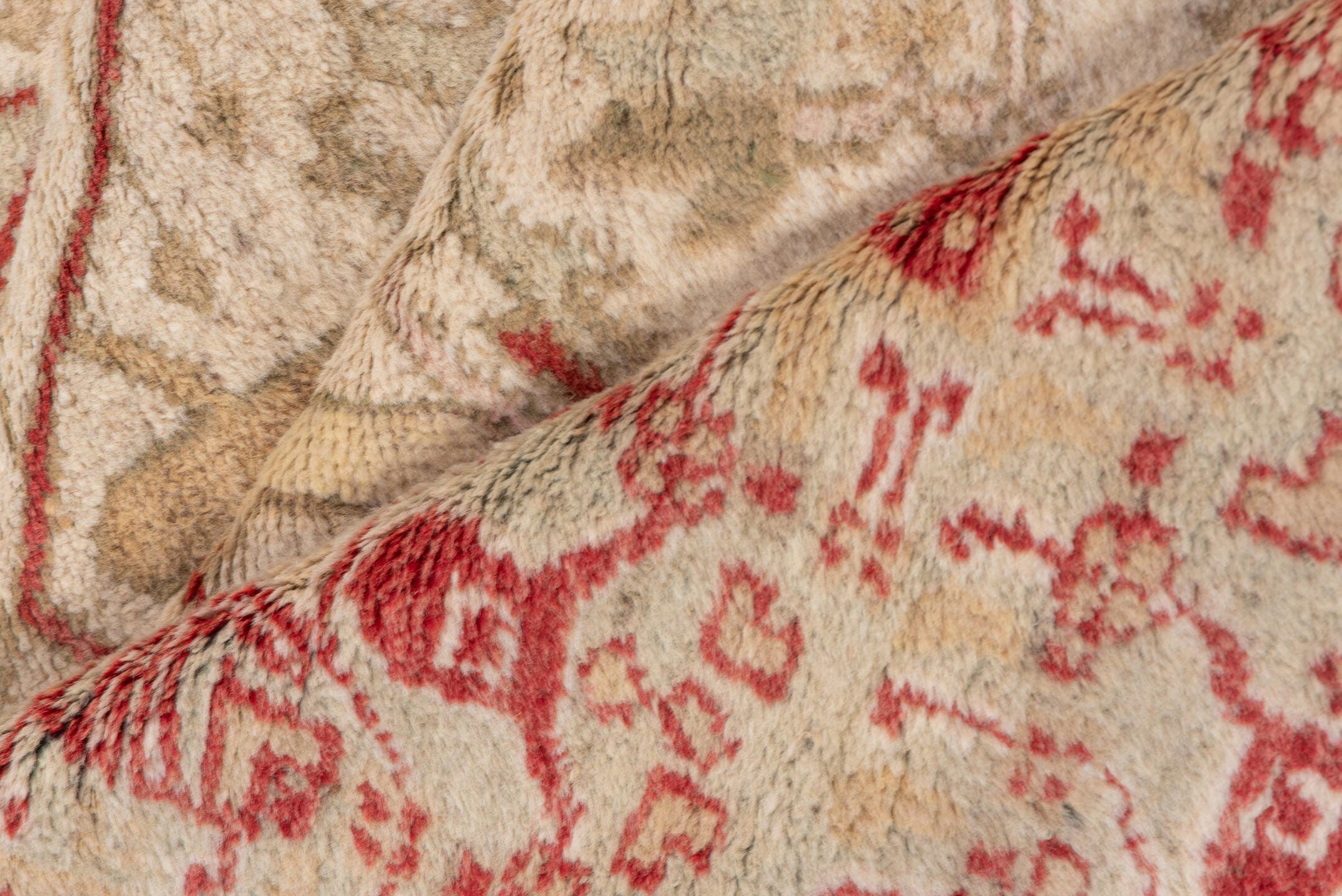 8' x 11' one-of-a-kind handmade antique Oushak large size rug. Color palette: ivory, coral, beige, tan, rose, terracotta