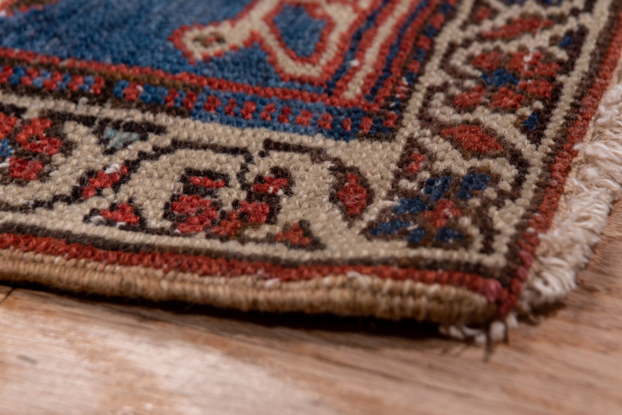 9' x 12' one-of-a-kind handmade vintage Serapi large size rug. Color palette: black, blue, brown, gray, pink, red