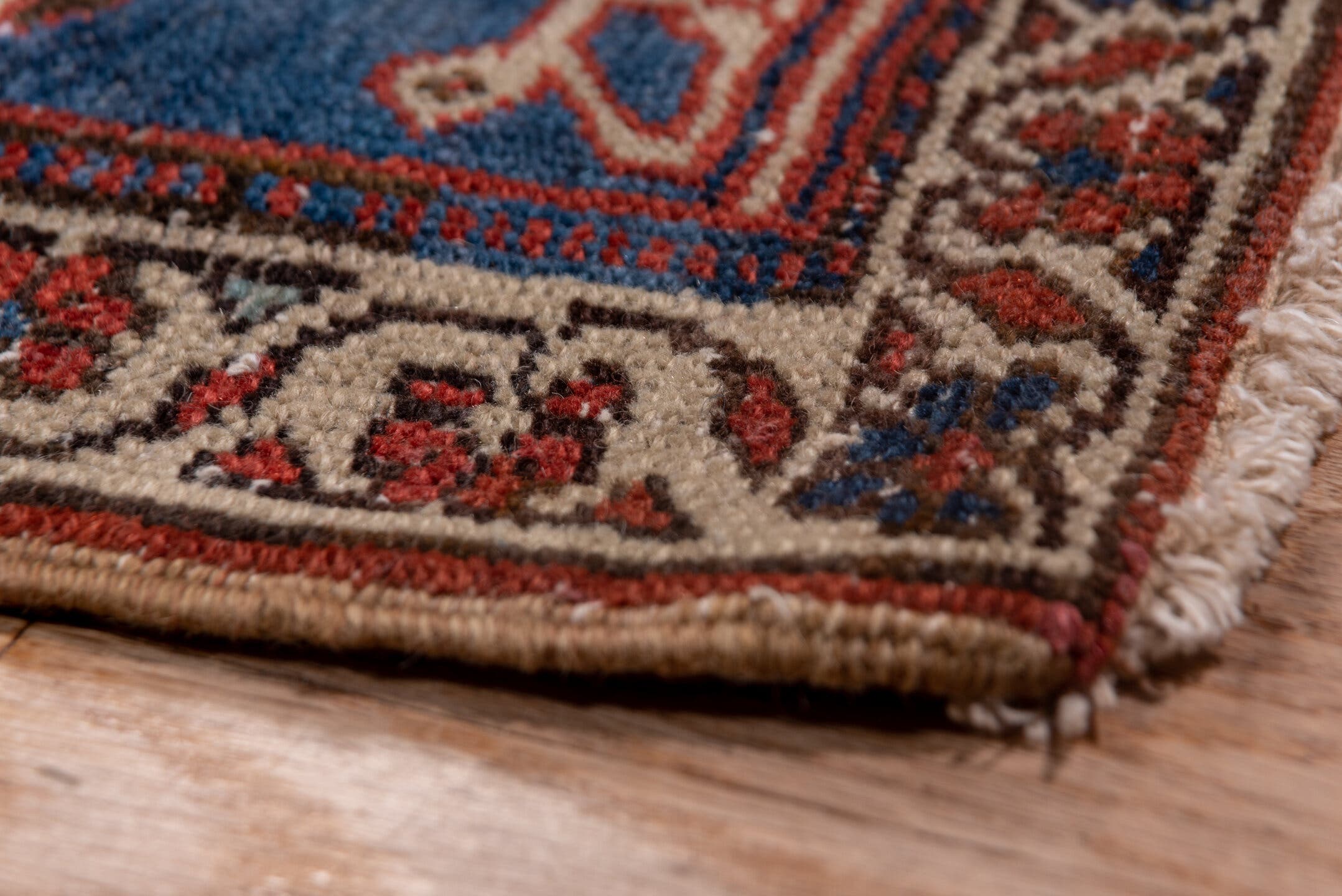 8' x 12' one-of-a-kind handmade vintage Kilim large size rug. Color palette: terracotta, ivory, deep blue, rose, slate