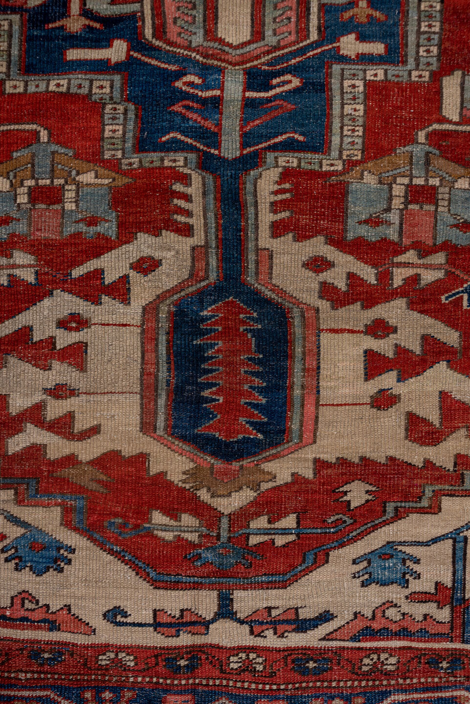 8' x 12' one-of-a-kind handmade vintage Kilim large size rug. Color palette: terracotta, ivory, deep blue, rose, slate